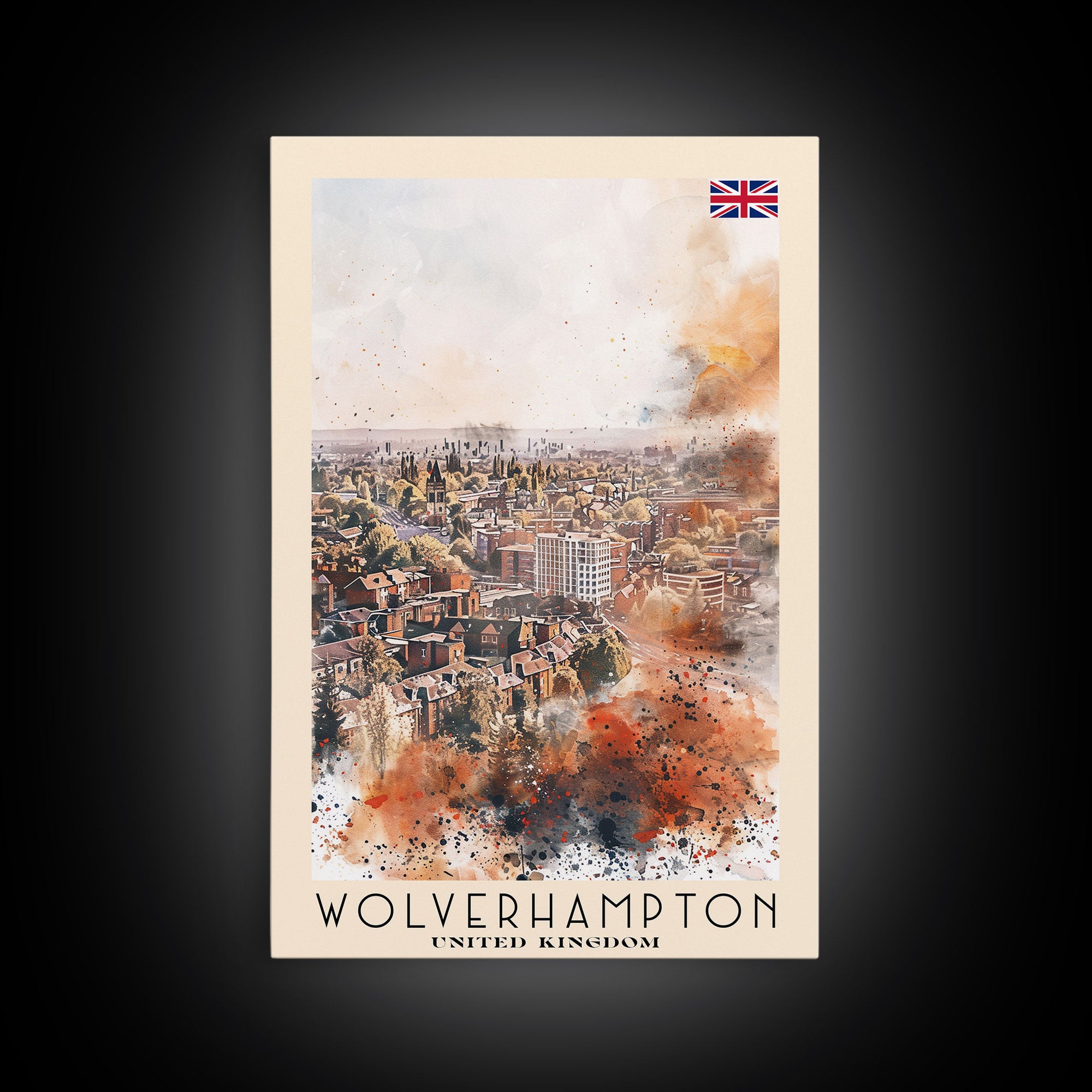 Wolverhampton United Kingdom Travel Poster Framed Canvas Print, Watercolor Painting, Urban Wall Art, Home Decor, British Cityscape, Gift for Art Lovers