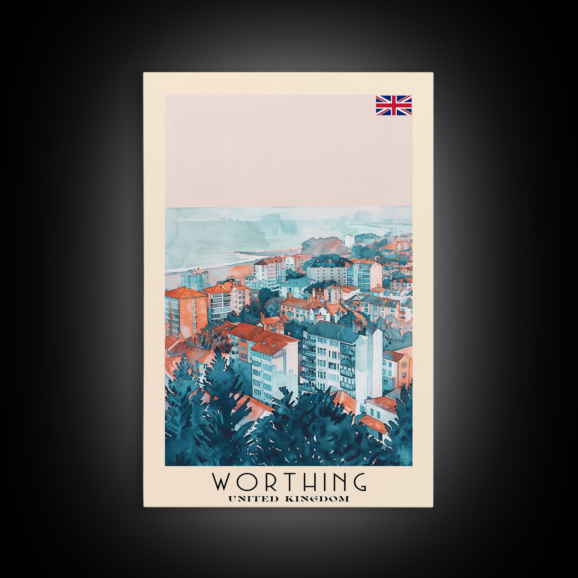 Worthing United Kingdom Travel Poster Framed Canvas Print, Watercolor Painting, Coastal Wall Art, Home Decor, British Seaside, Nautical Gift