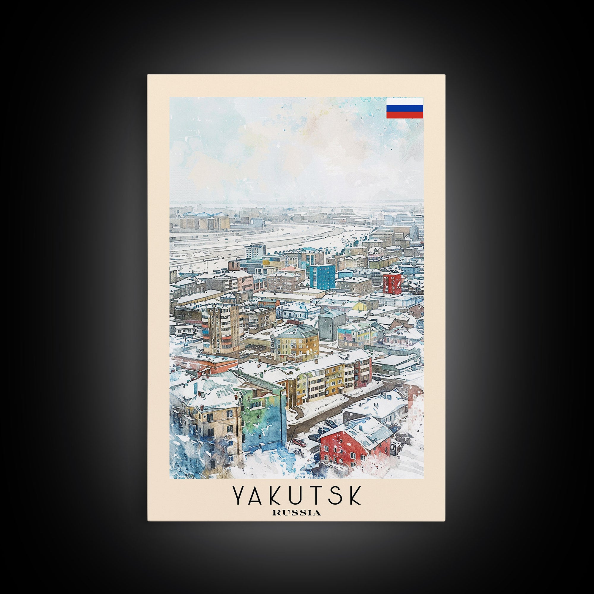 Yakutsk Russia Travel Poster Framed Canvas Print, Watercolor Painting, Scenic Wall Art, Home Decor, Russian Landscape, Unique Gift