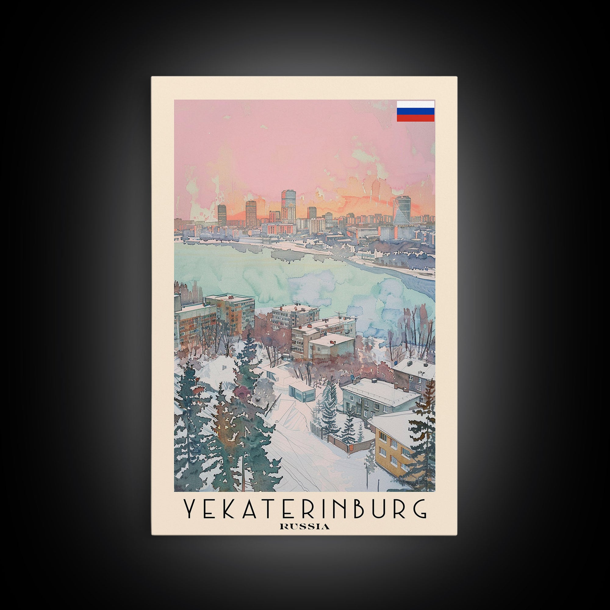 Yekaterinburg Russia Travel Poster Framed Canvas Print, Watercolor Painting, Urban Wall Art, Home Decor, Russian Cityscape, Gift for Him