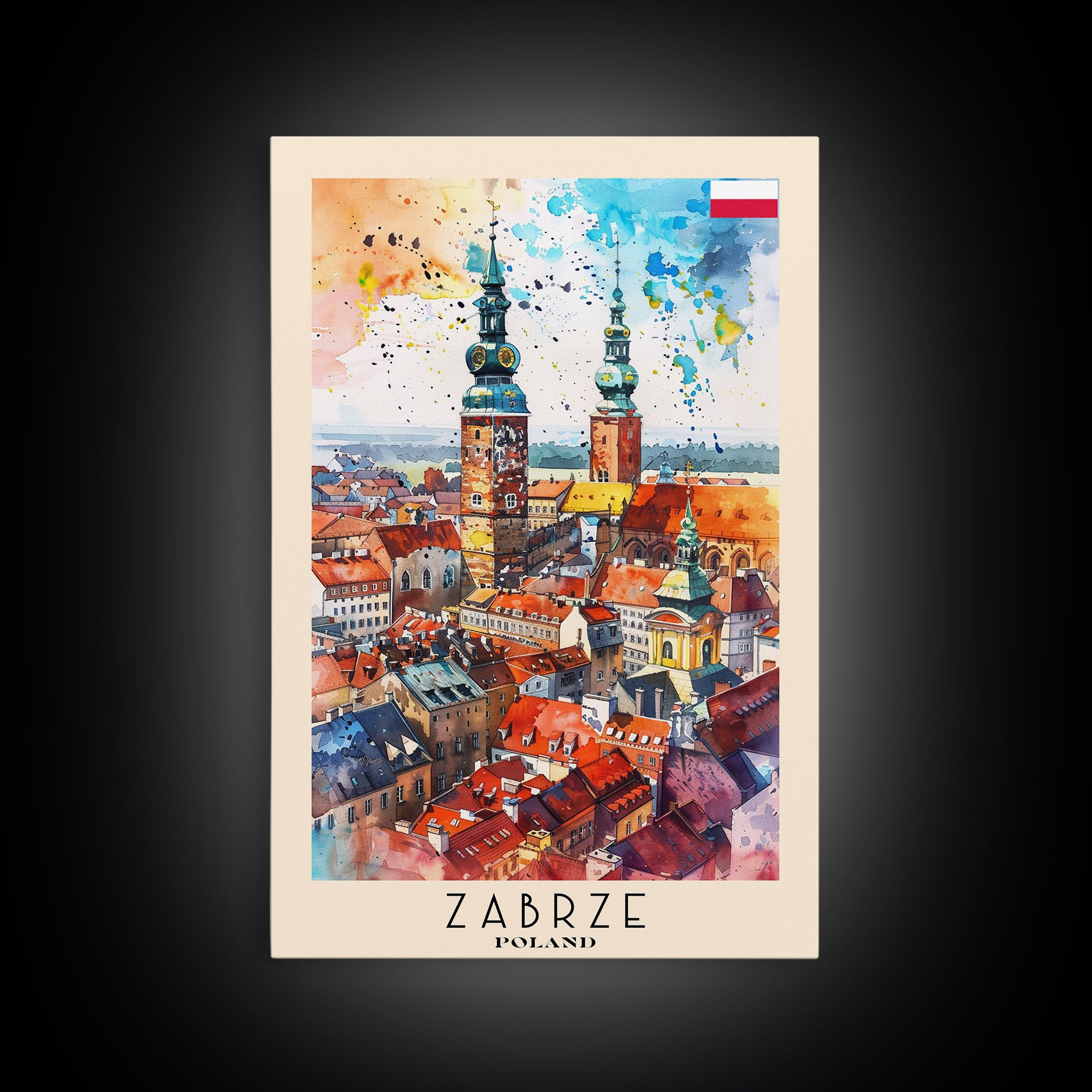 Zabrze Poland Travel Poster Framed Canvas Print, Watercolor Painting, Scenic Wall Art, Home Decor, Polish Landscape, Thoughtful Gift