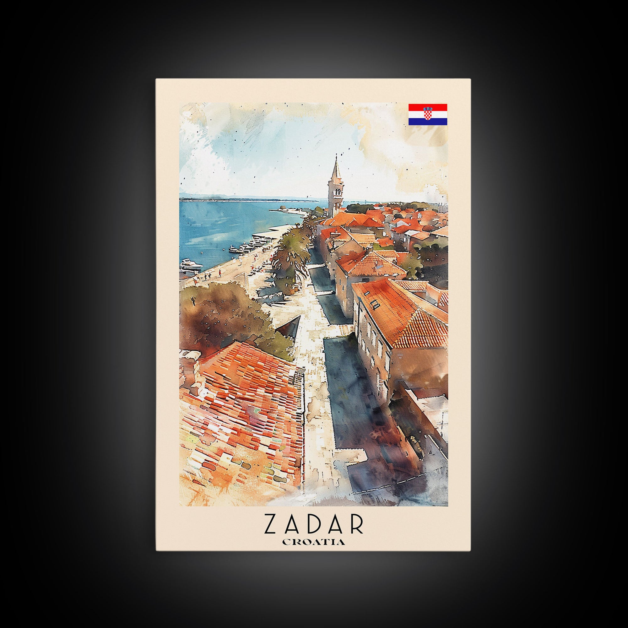 Zadar Croatia Travel Poster Framed Canvas Print, Watercolor Painting, Coastal Wall Art, Home Decor, Croatian Seaside, Nautical Gift