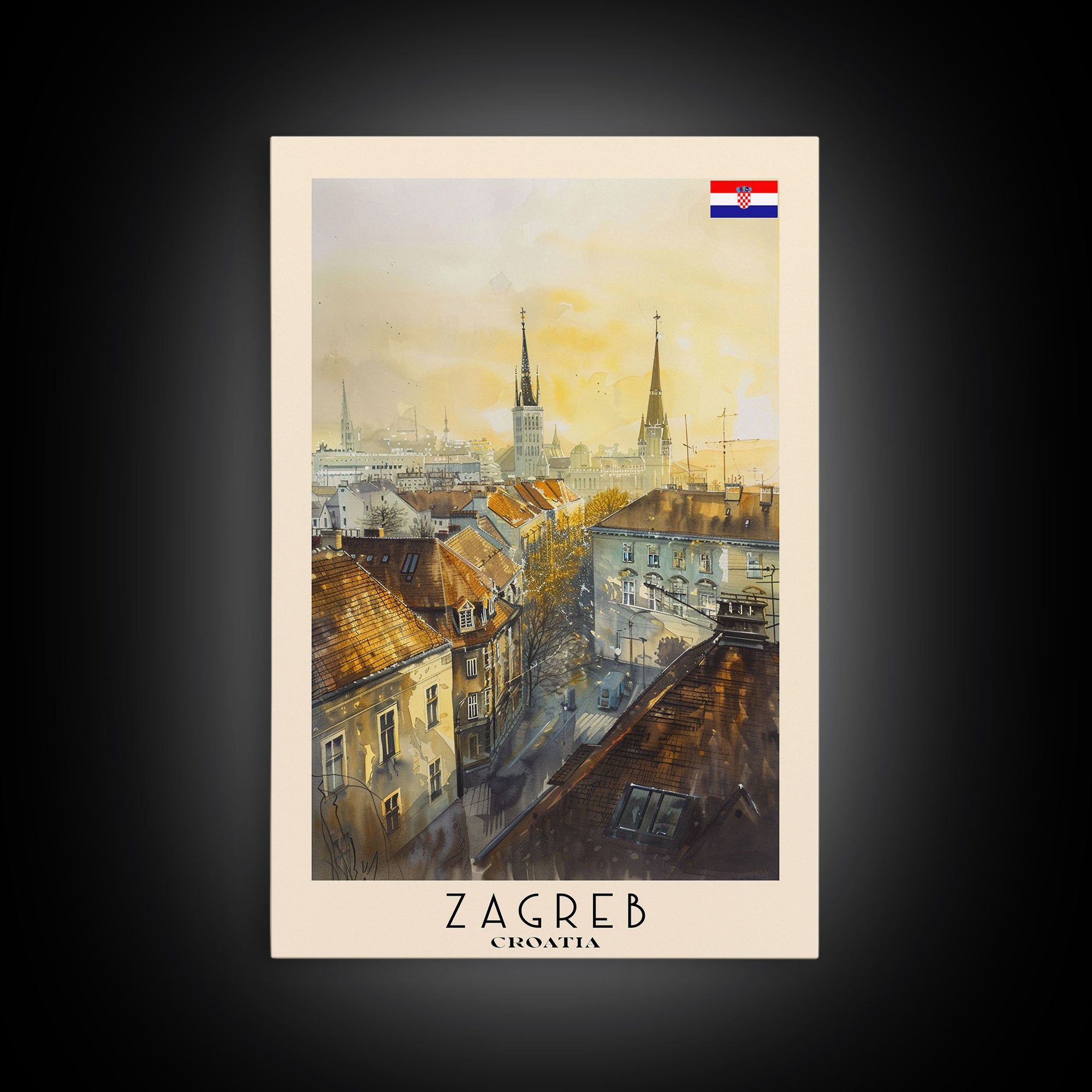 Zagreb Croatia Travel Poster Framed Canvas Print, Watercolor Painting, Urban Wall Art, Home Decor, Croatian Cityscape, Gift for Travelers