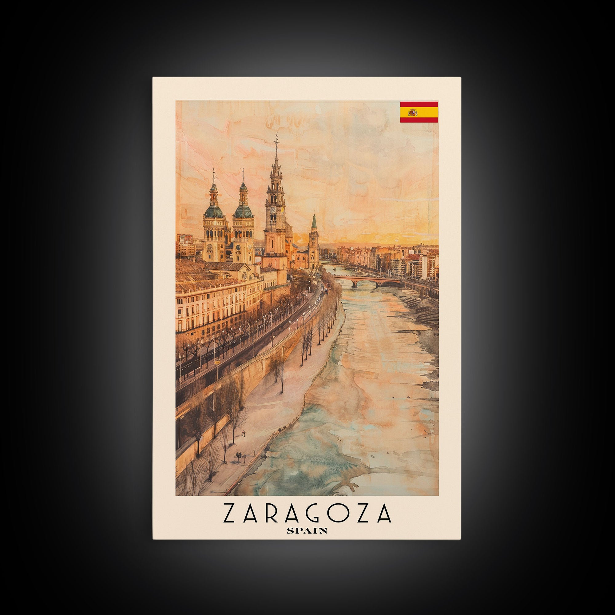 Zaragoza Spain Travel Poster Framed Canvas Print, Watercolor Painting, Urban Wall Art, Home Decor, Spanish Cityscape, Artistic Gift