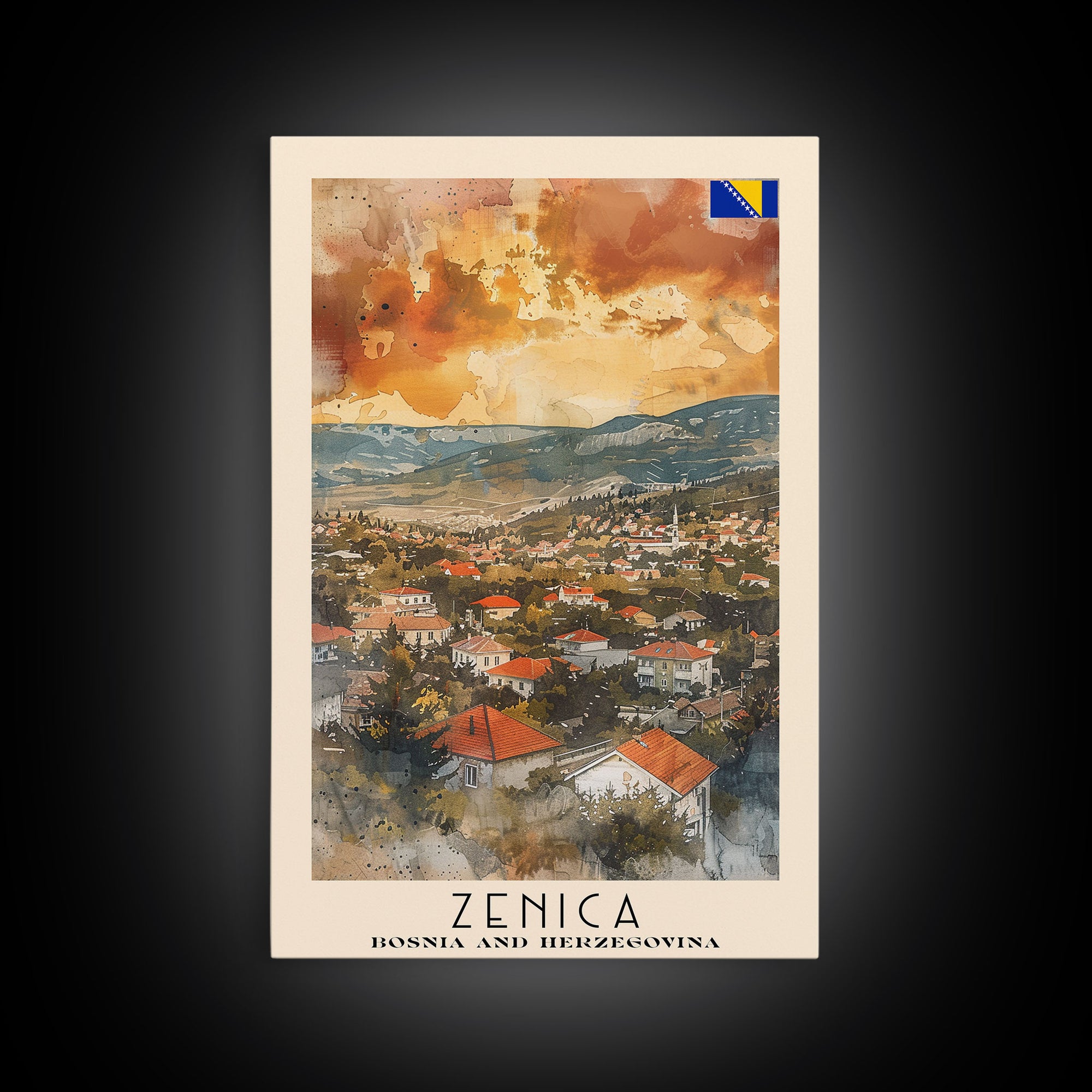 Zenica Bosnia Travel Poster Framed Canvas Print, Watercolor Painting, Scenic Wall Art, Home Decor, Bosnian Landscape, Unique Gift