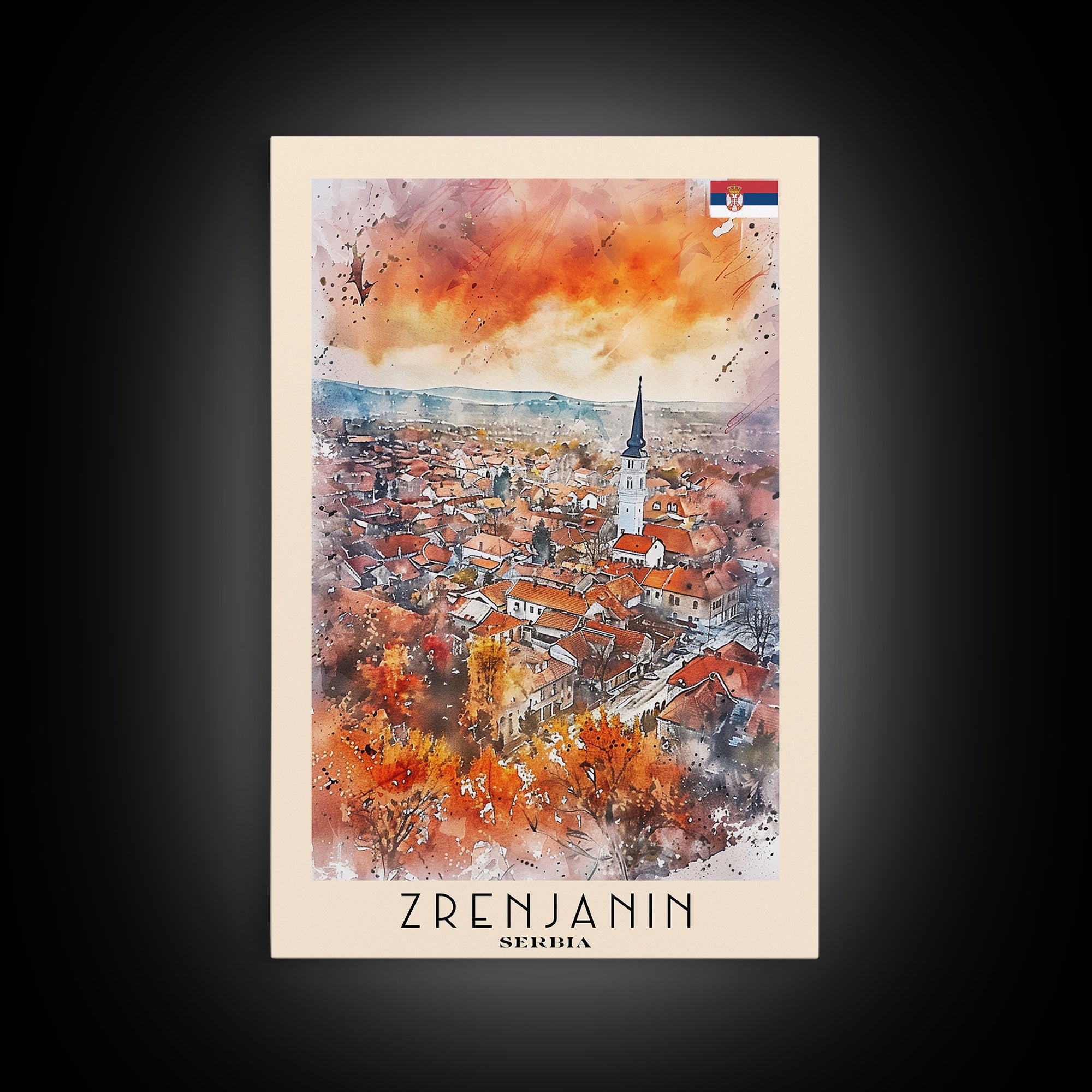 Zrenjanin Serbia Travel Poster Framed Canvas Print, Watercolor Painting, Scenic Wall Art, Home Decor, Serbian Landscape, Unique Gift