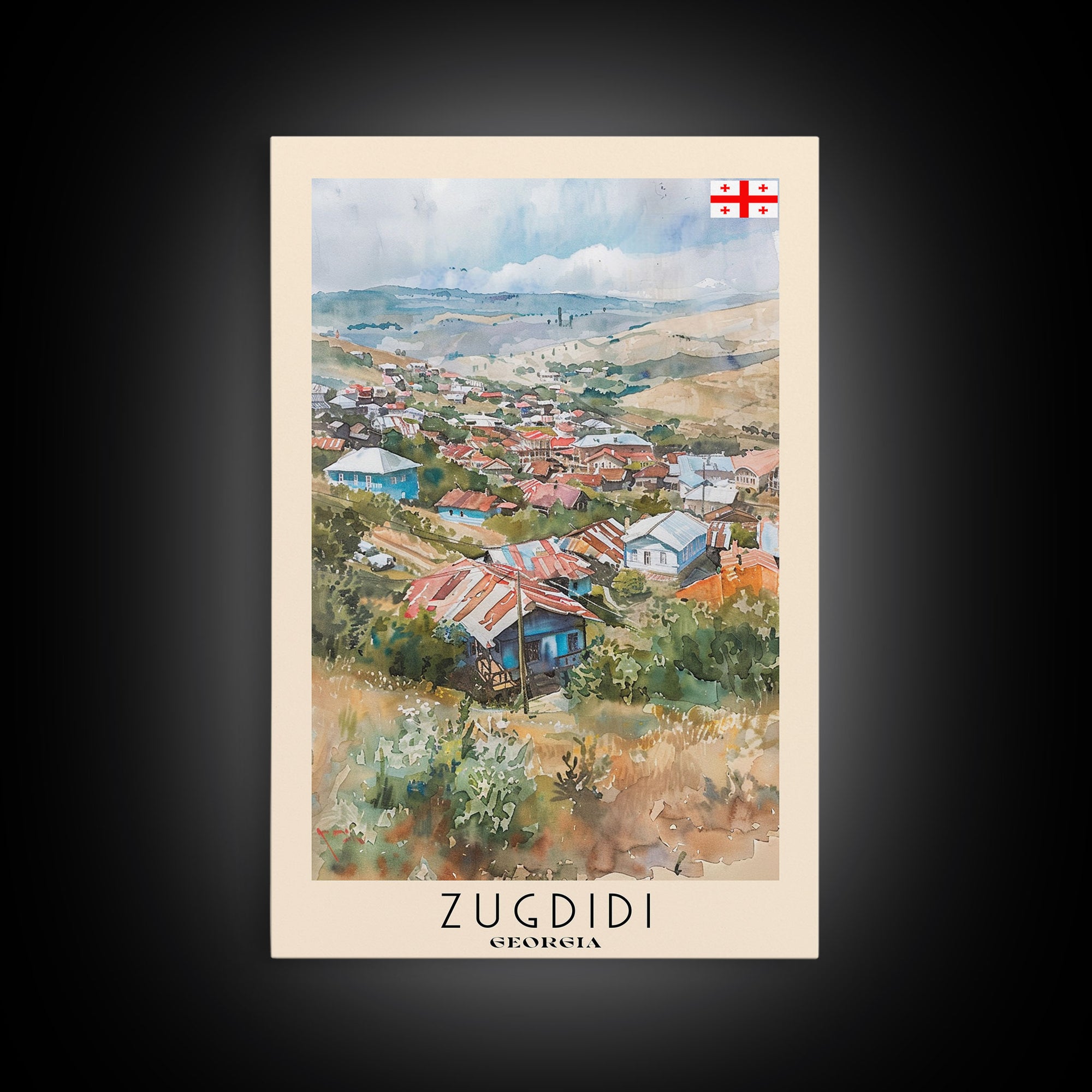 Zugdidi Georgia Travel Poster Framed Canvas Print, Watercolor Painting, Scenic Wall Art, Home Decor, Georgian Landscape, Thoughtful Gift