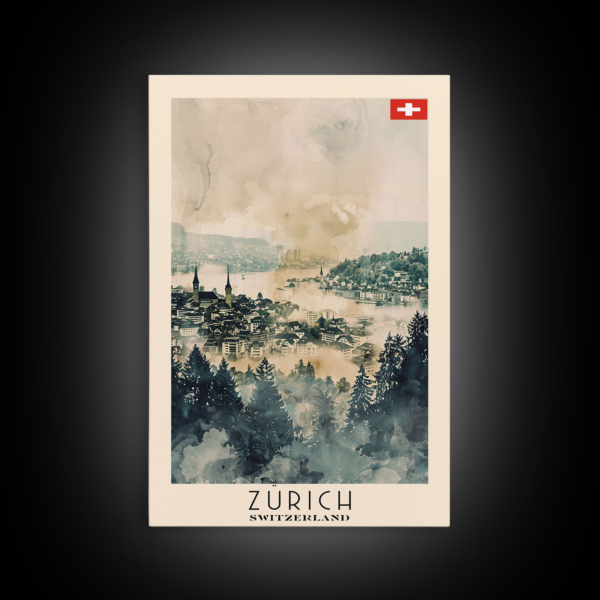 Zurich Switzerland Travel Poster Framed Canvas Print, Watercolor Painting, Urban Wall Art, Home Decor, Swiss Cityscape, Elegant Gift