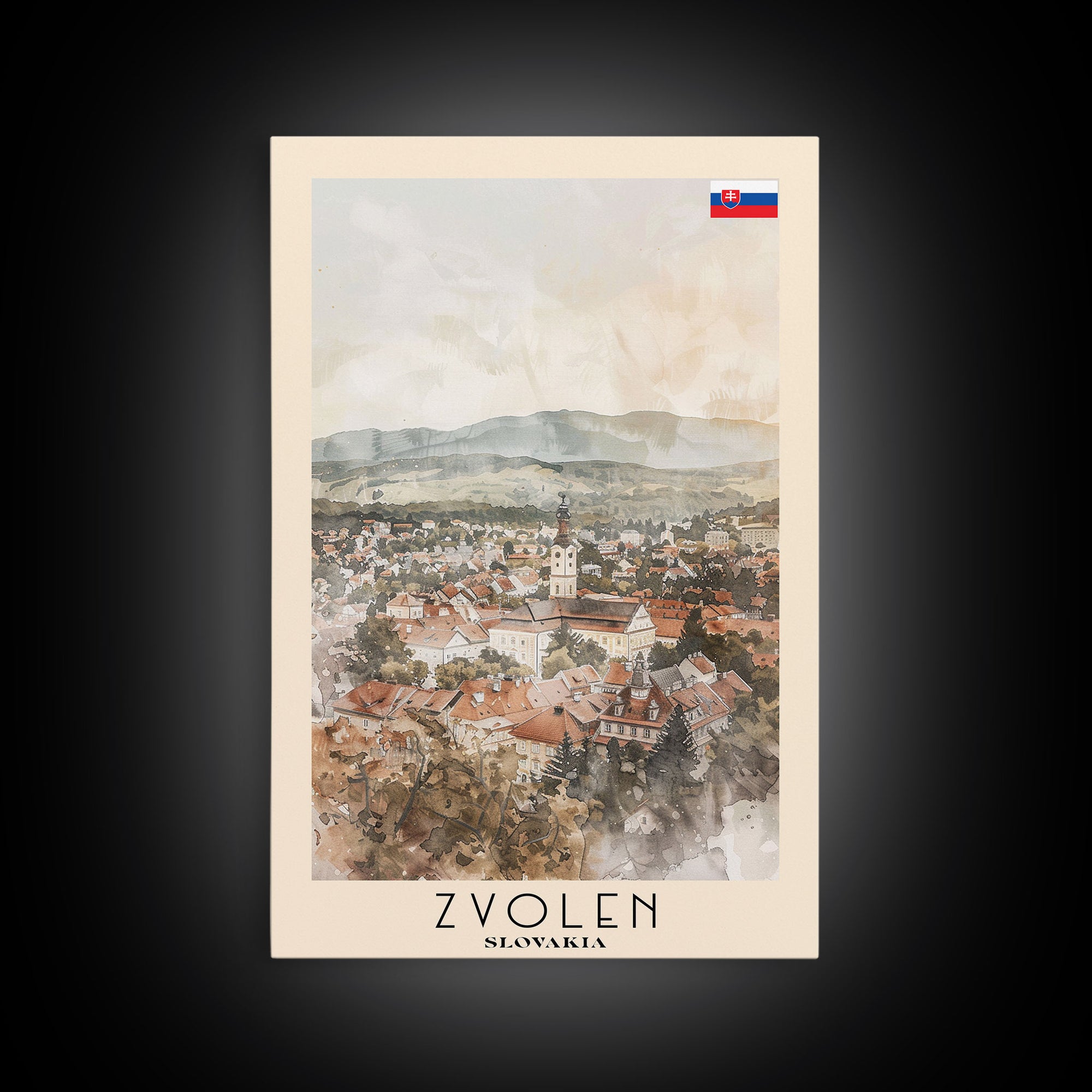 Zvolen Slovakia Travel Poster Framed Canvas Print, Watercolor Painting, Scenic Wall Art, Home Decor, Slovakian Landscape, Artistic Gift