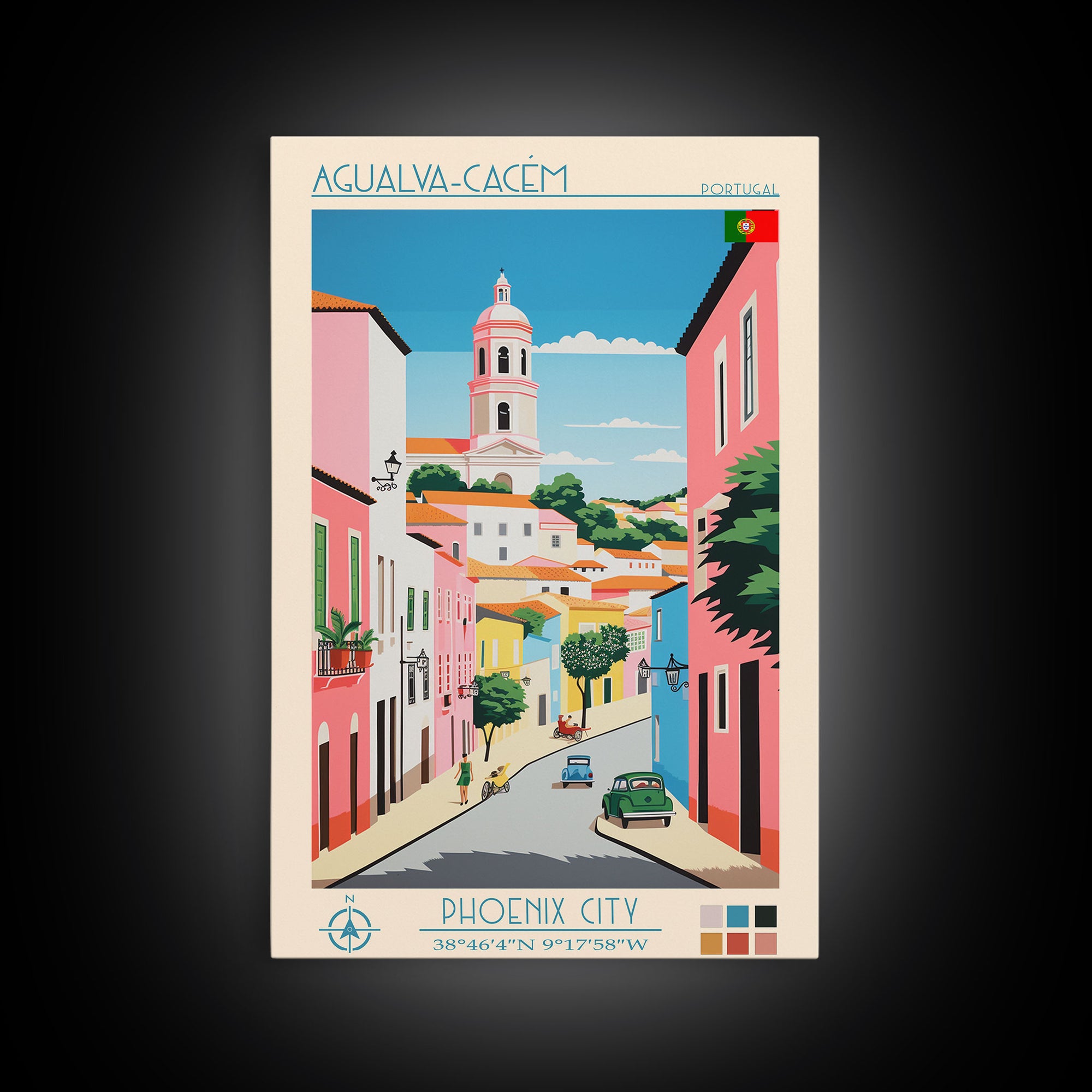 Agualva-Cacém Portugal Travel Poster Framed Canvas Print, Midcentury Modern Art, Pop Art Decor, Scenic View Wall Art, Vacation Gift, Home Decoration, Living Room Print