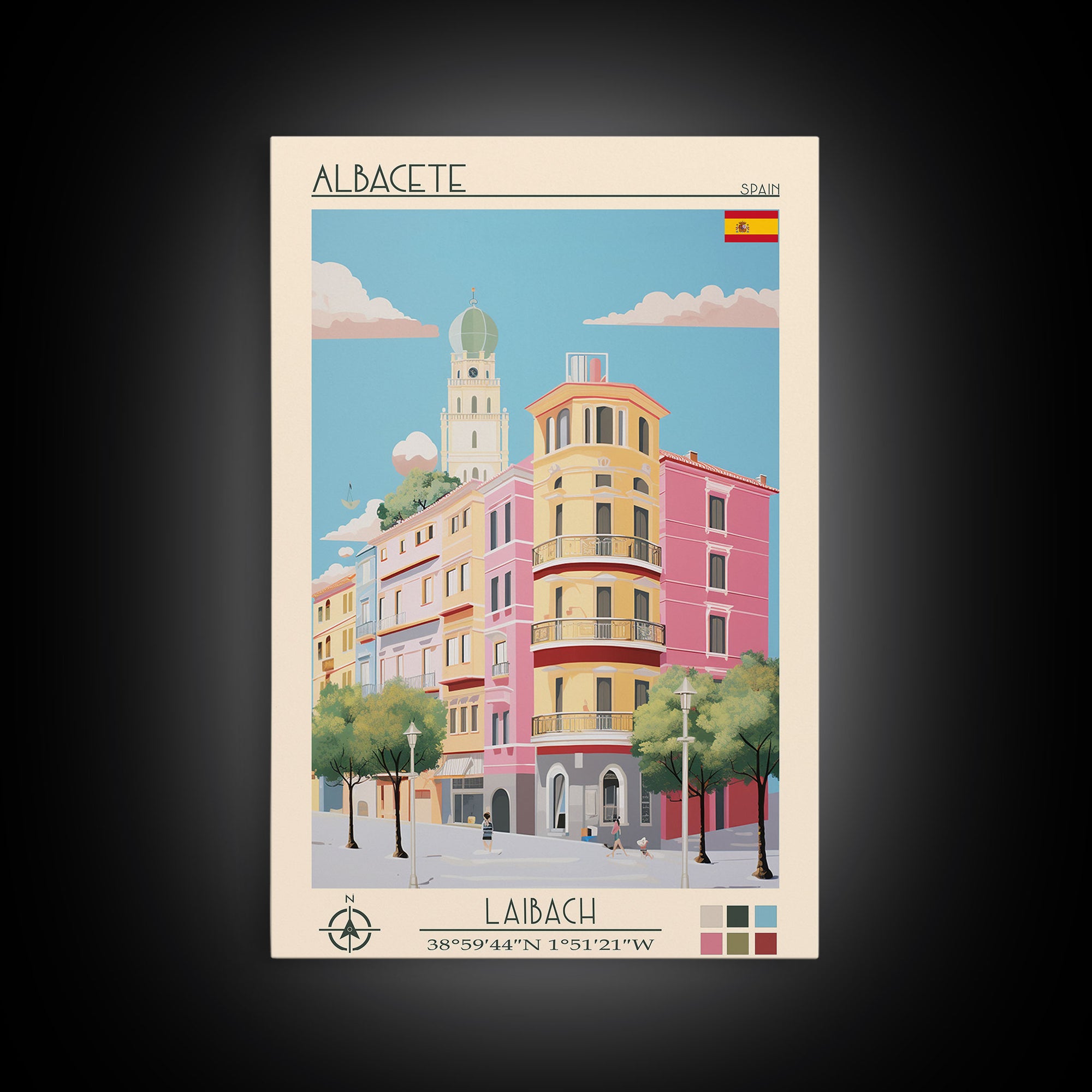 Albacete Spain Travel Poster Framed Canvas Print, Midcentury Modern Art, Pop Art Decor, Scenic View Wall Art, Vacation Gift, Home Decoration, Living Room Print