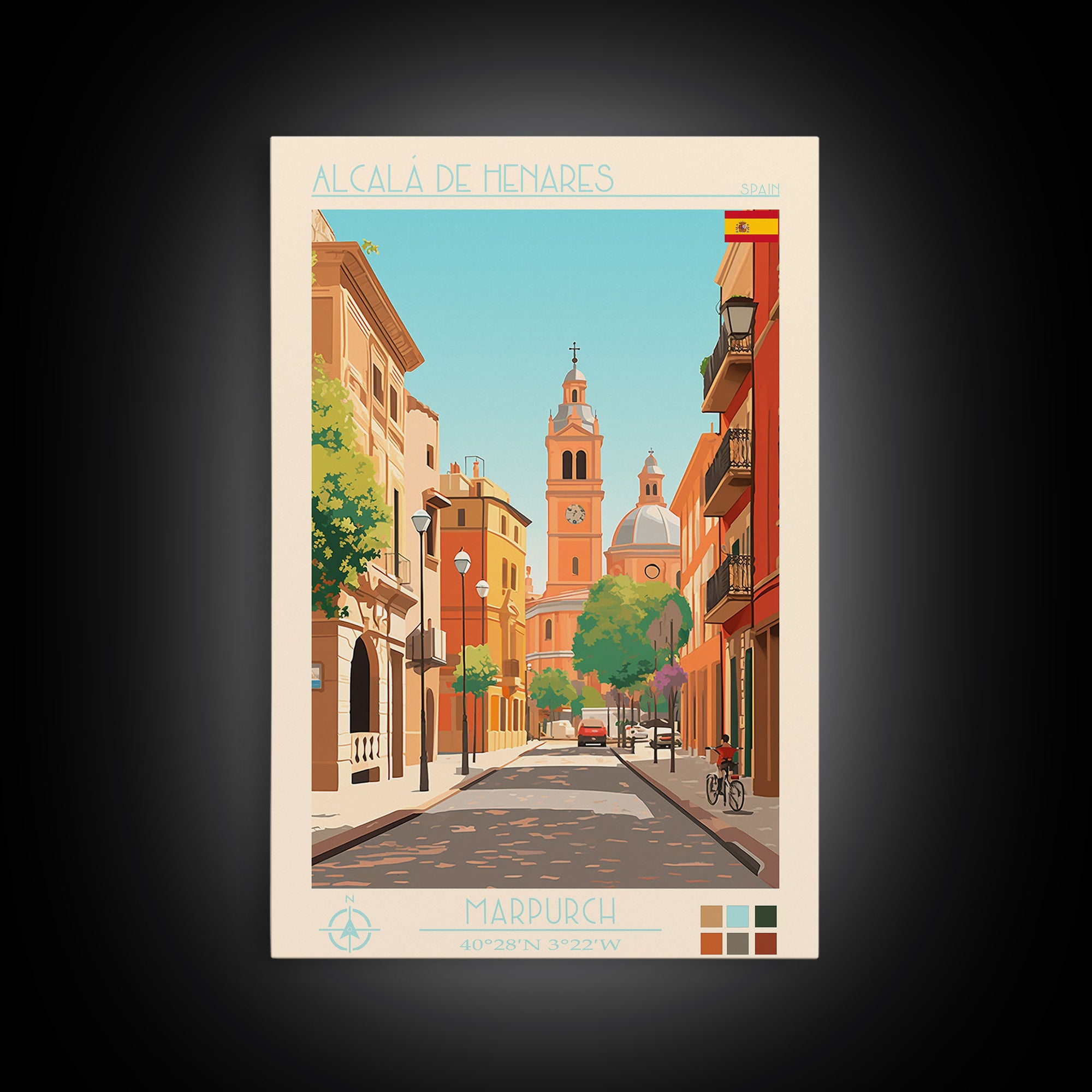 Alcalá de Henares Spain Travel Poster Framed Canvas Print, Midcentury Modern Art, Pop Art Decor, Wall Art, Vacation Gift, Living Room Decoration, Scenic Print