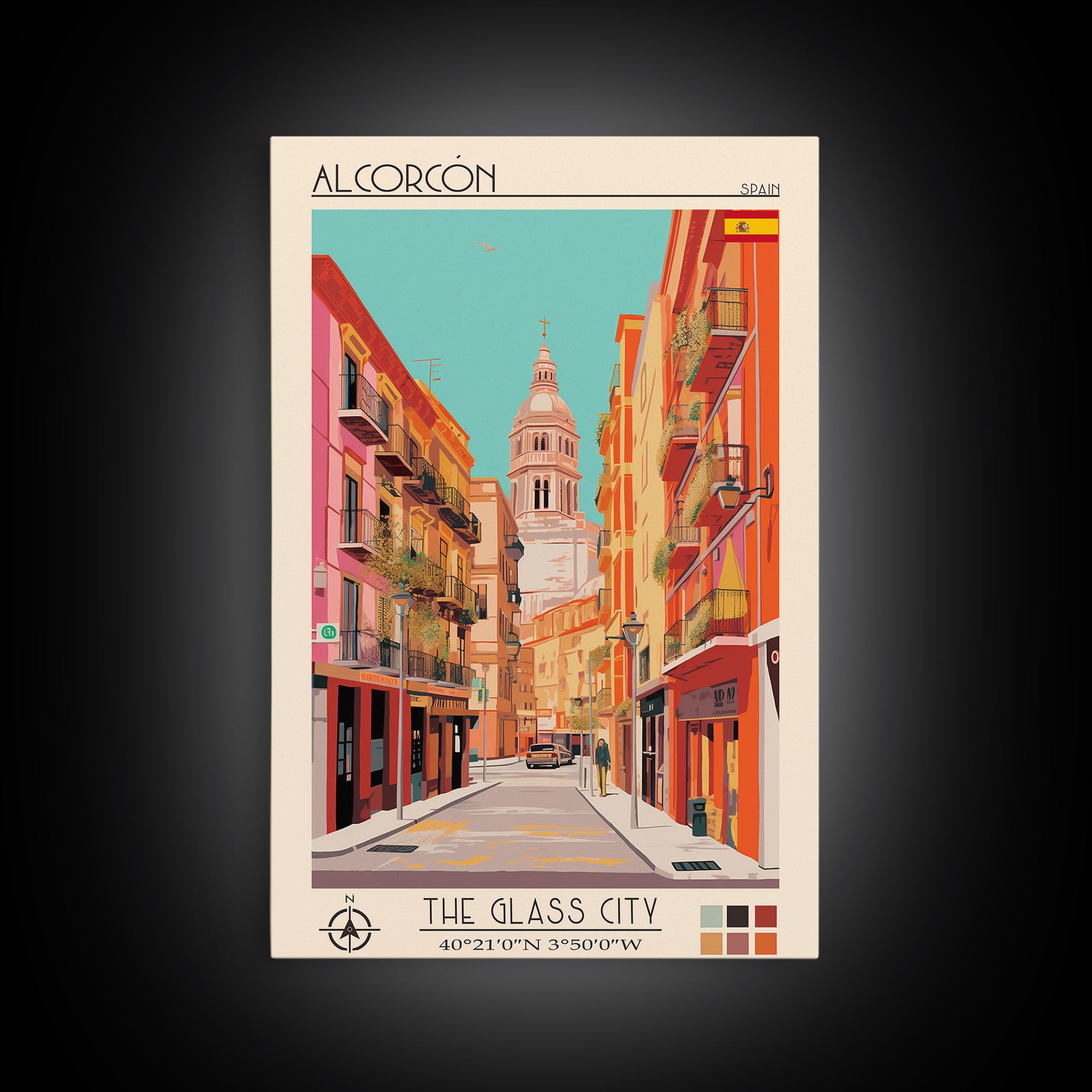 Alcorcón Spain Travel Poster Framed Canvas Print, Midcentury Modern Art, Pop Art Decor, Wall Art, Vacation Gift, Living Room Decoration, Scenic Print