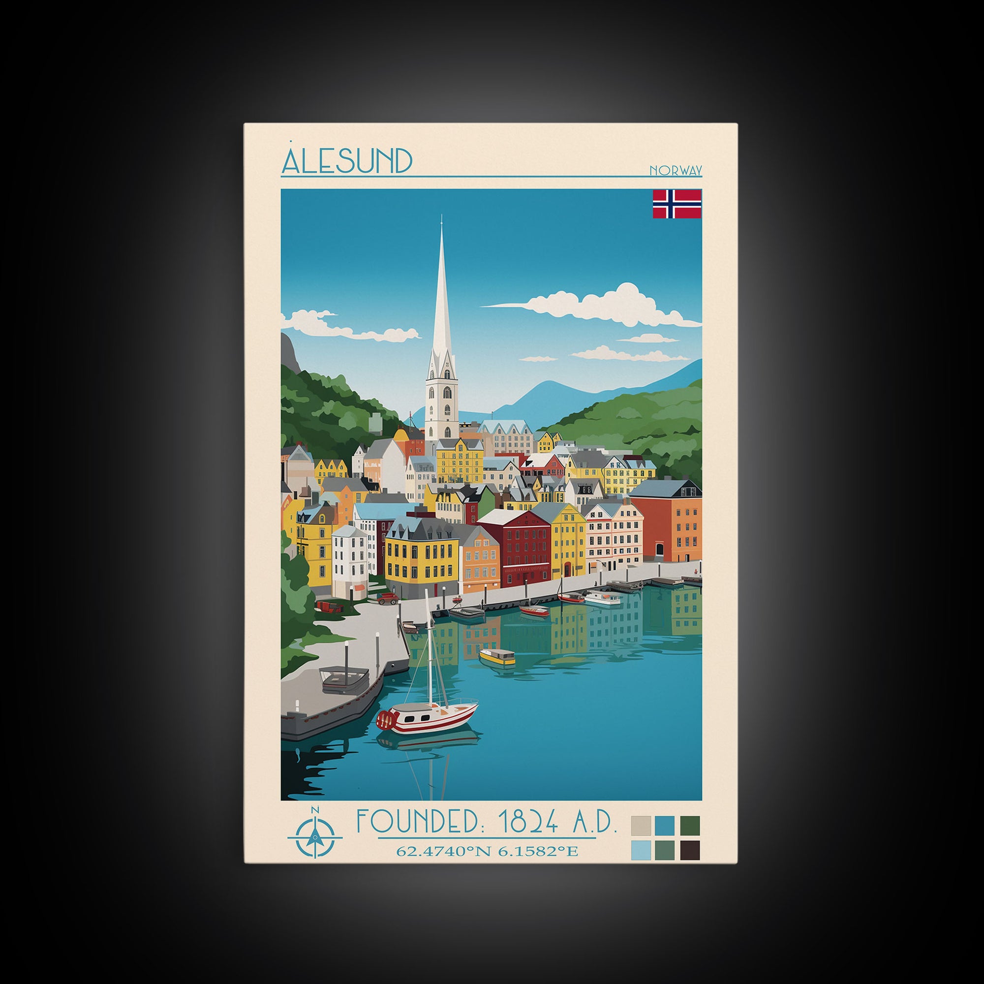 Ålesund Norway Travel Poster Framed Canvas Print, Midcentury Modern Art, Pop Art Wall Decor, Living Room Art, Scenic Wall Art