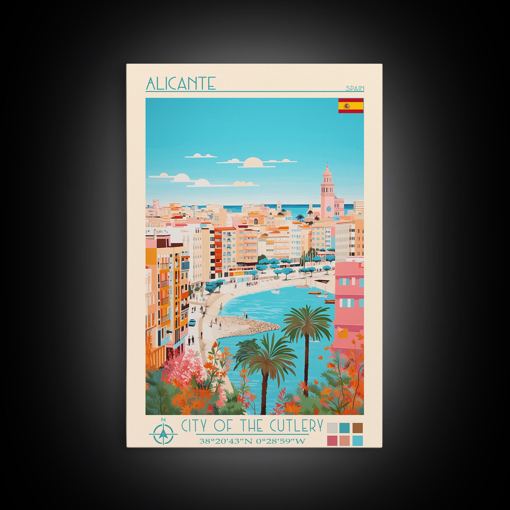 Alicante Spain Travel Poster Framed Canvas Print, Midcentury Modern Art, Pop Art Decor, Wall Art, Vacation Gift, Living Room Decoration, Scenic Print