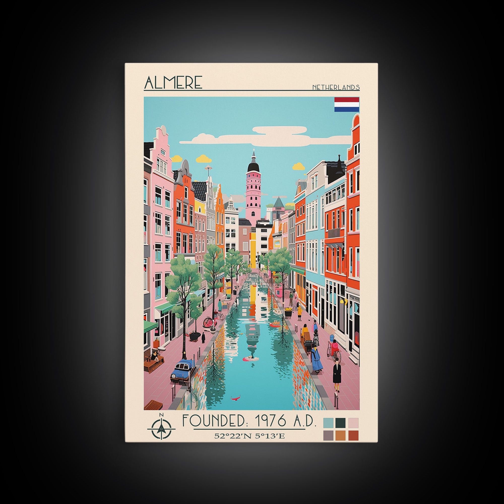 Almere Netherlands Travel Poster Framed Canvas Print, Midcentury Modern Art, Pop Art Decor, Wall Art, Vacation Gift, Living Room Decoration, Scenic Print