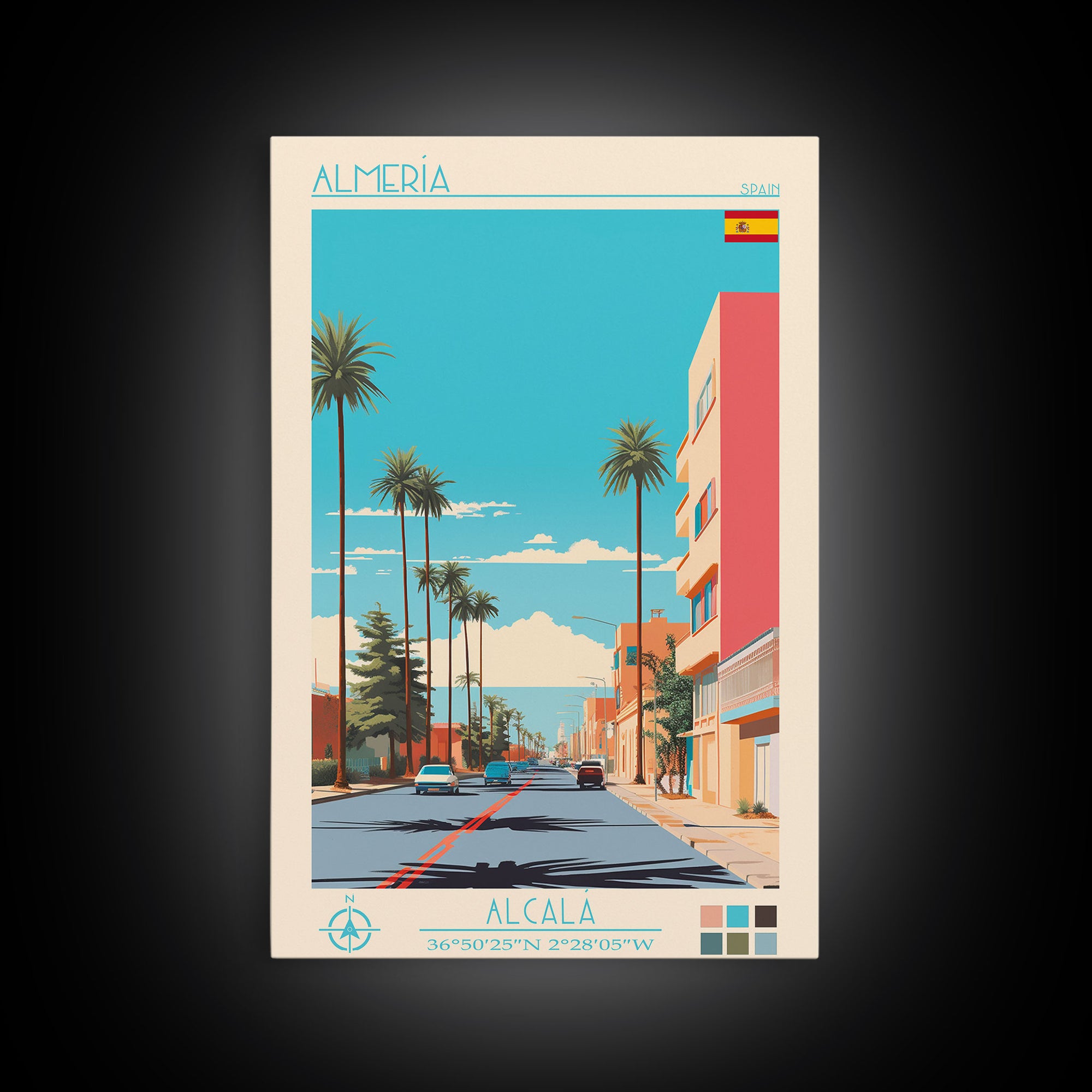 Almeria Spain Travel Poster Framed Canvas Print, Midcentury Modern Art, Pop Art Decor, Wall Art, Vacation Gift, Living Room Decoration, Scenic Print