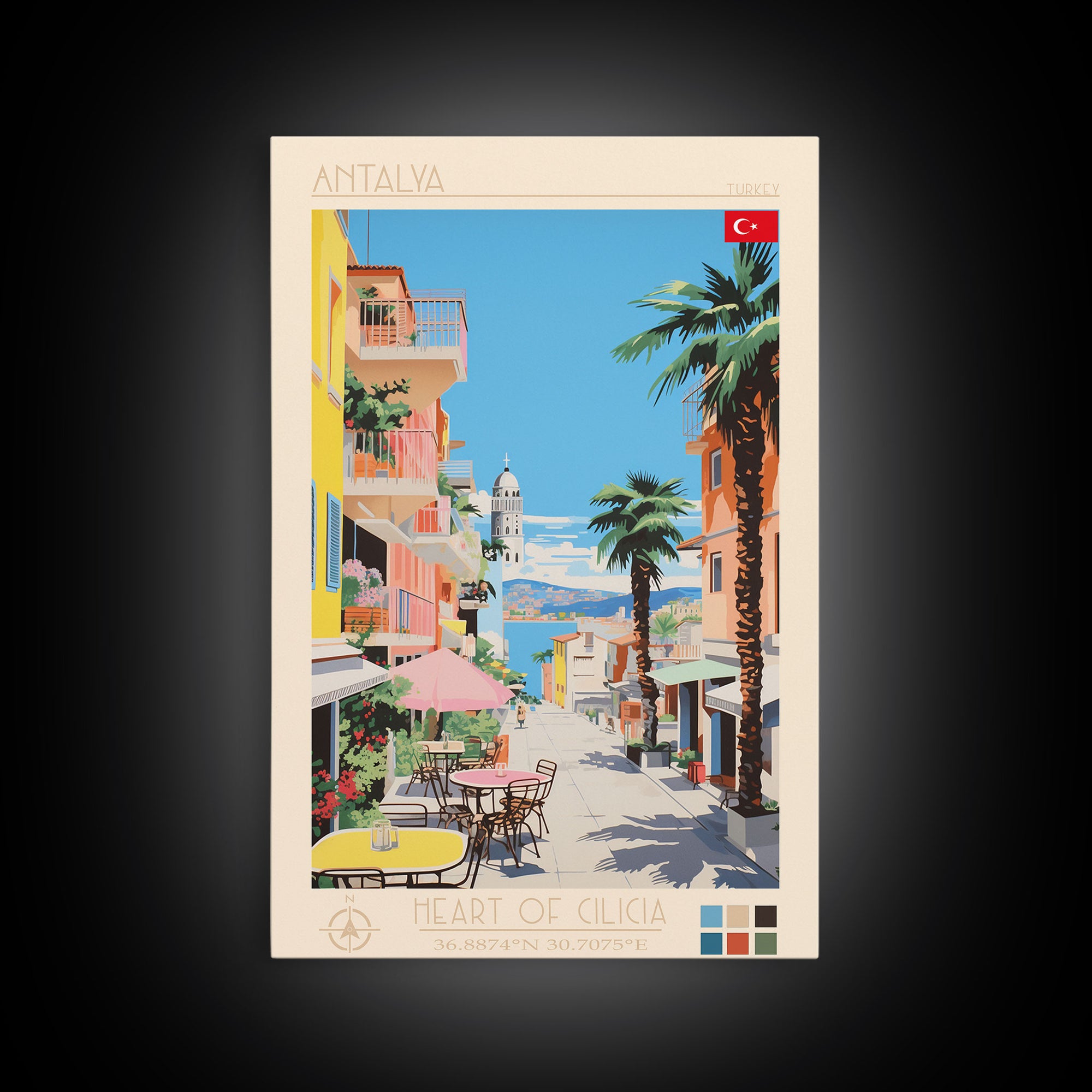 Antalya Turkey Travel Poster Framed Canvas Print, Midcentury Modern Art, Pop Art Wall Decor, Home Decor, Vacation Gift, Living Room Art