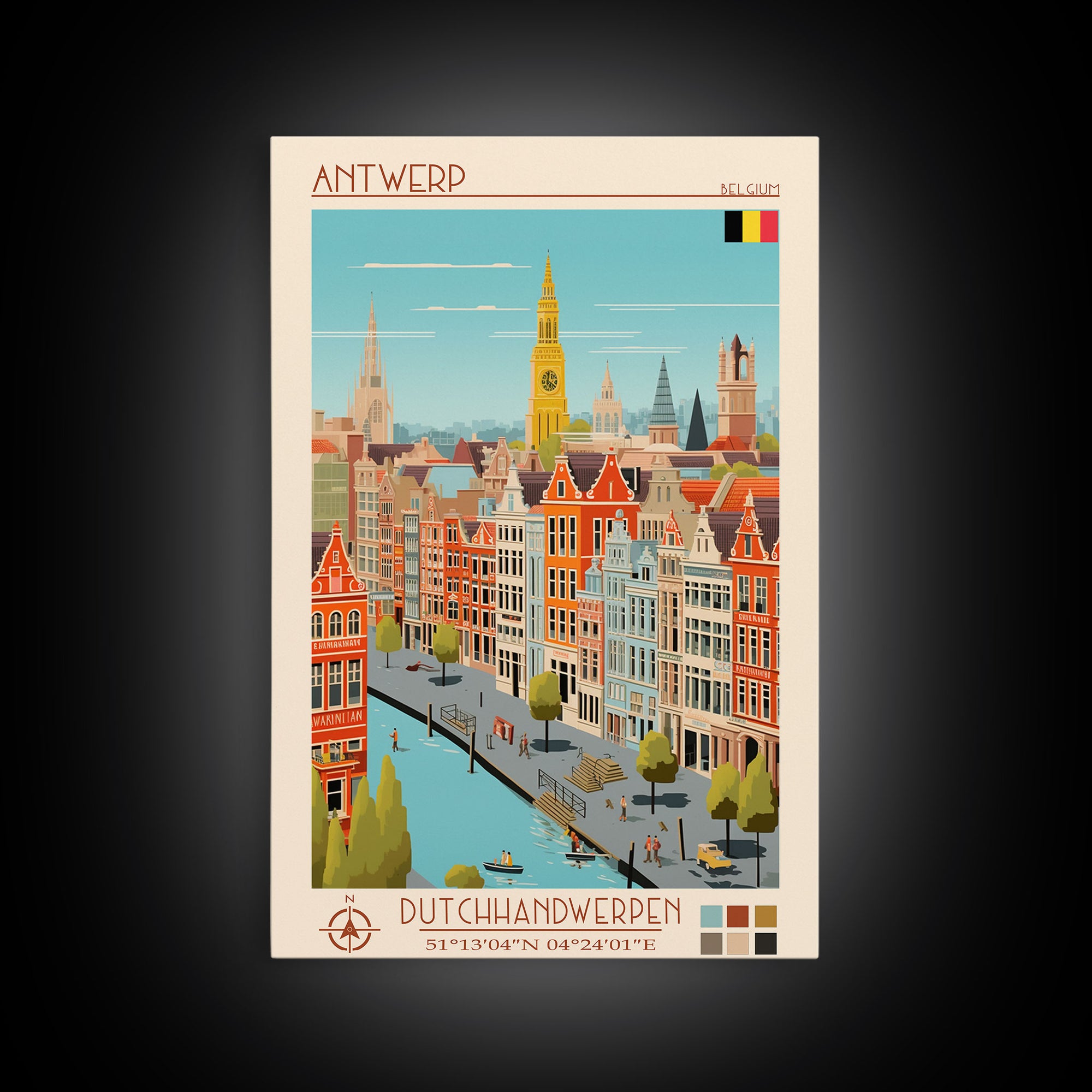 Antwerp Belgium Travel Poster Framed Canvas Print, Midcentury Modern Art, Pop Art Wall Decor, Home Decor, Vacation Gift, Living Room Art