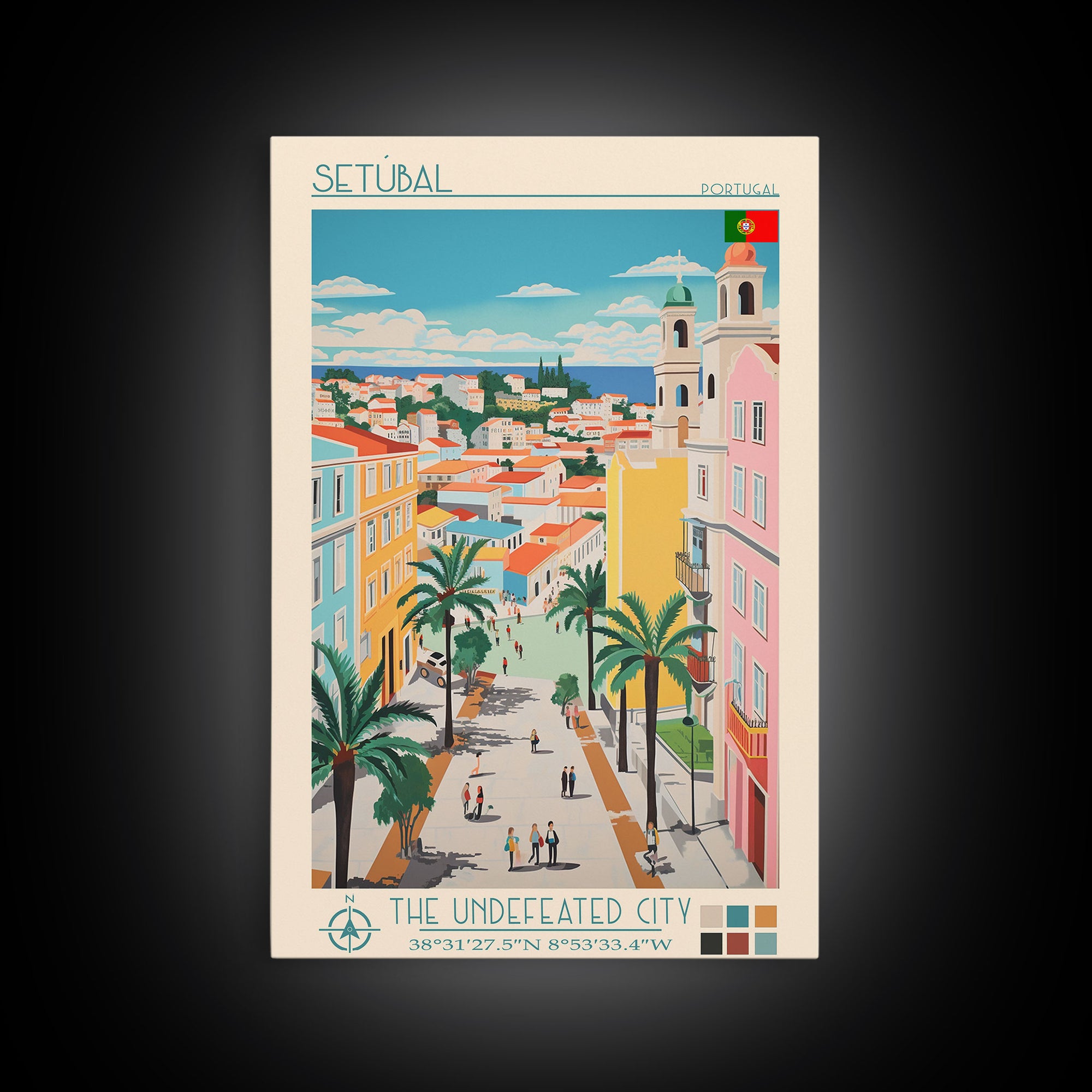 Setúbal Portugal Travel Poster Framed Canvas Print, Midcentury Modern Art, Pop Art Wall Decor, Scenic Wall Art, Office Decoration