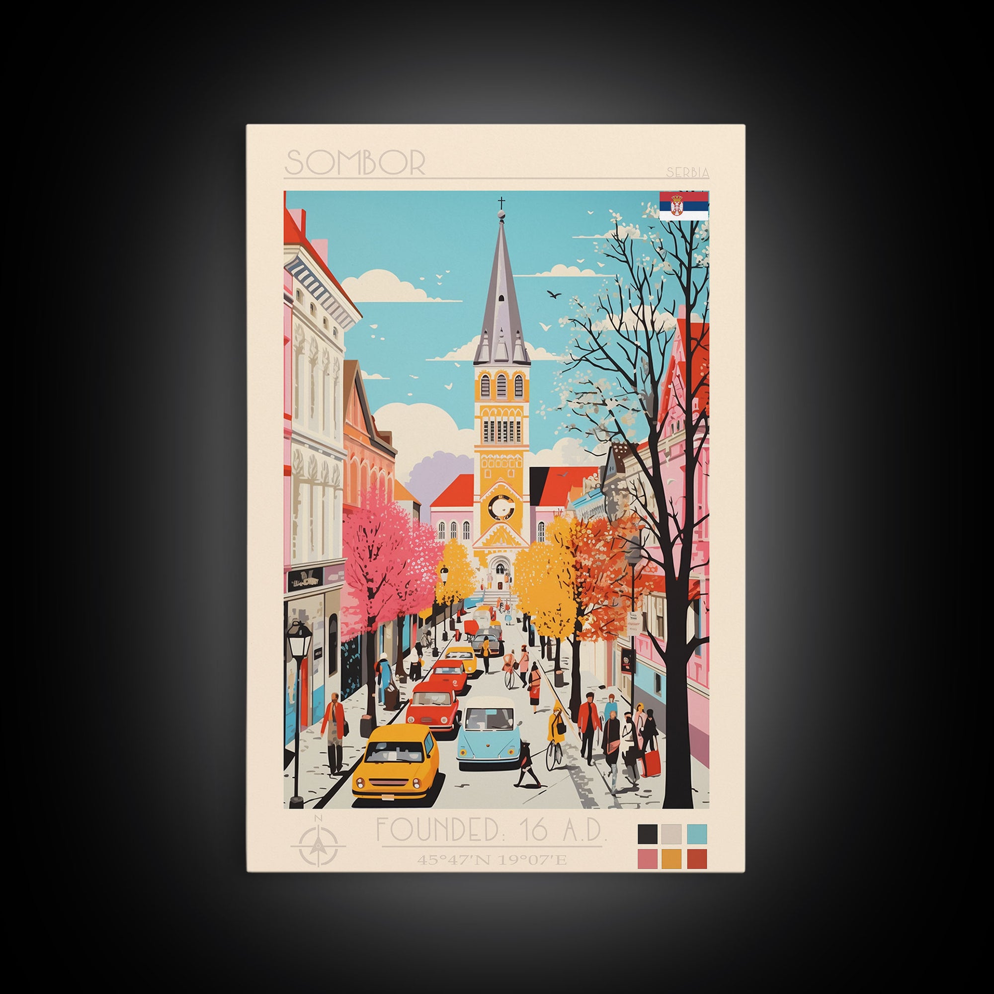 Sombor Serbia Travel Poster Framed Canvas Print, Midcentury Modern Art, Pop Art Wall Decor, Scenic Wall Art, Office Decoration