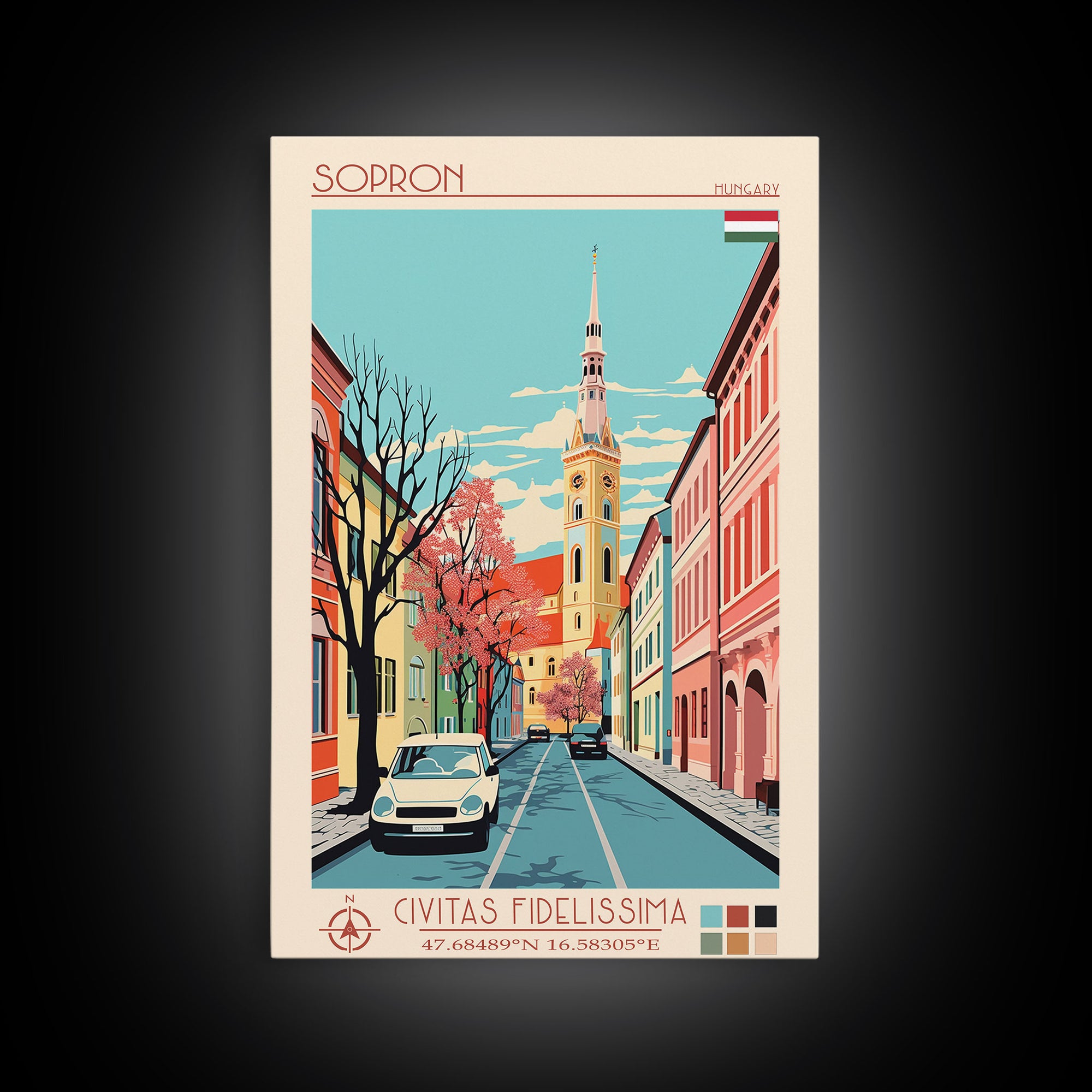 Sopron Hungary Travel Poster Framed Canvas Print, Midcentury Modern Art, Pop Art Wall Decor, Bedroom Decor, Vacation Gift