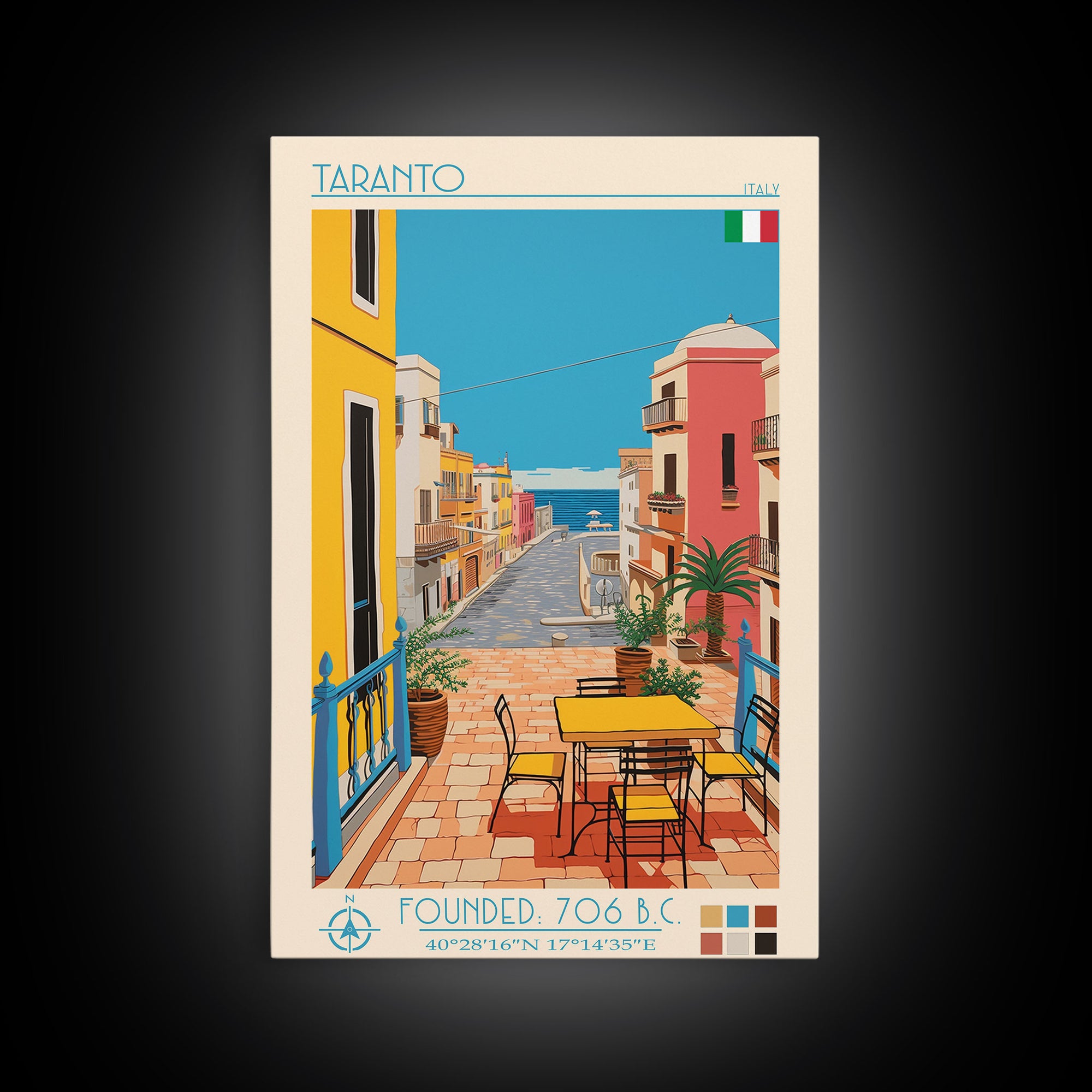 Taranto Italy Travel Poster Framed Canvas Print, Midcentury Modern Art, Pop Art Wall Decor, Living Room Art, Home Decoration