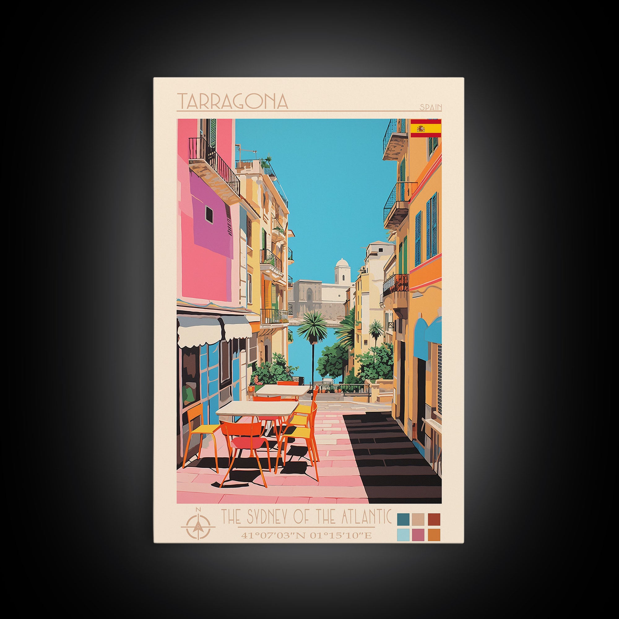 Tarragona Spain Travel Poster Framed Canvas Print, Midcentury Modern Art, Pop Art Wall Decor, Living Room Art, Scenic Wall Art