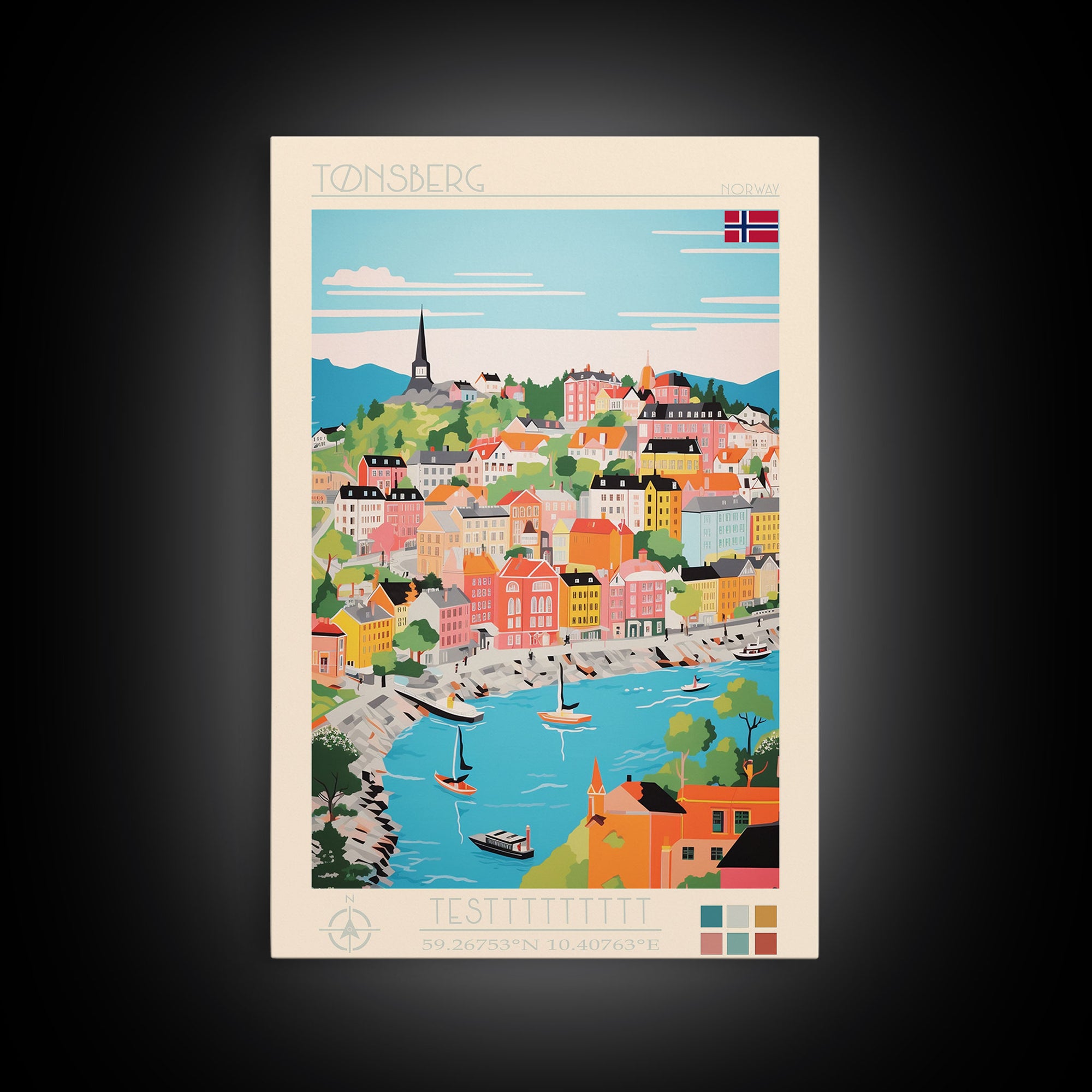 Tønsberg Norway Travel Poster Framed Canvas Print, Midcentury Modern Art, Pop Art Wall Decor, Living Room Art, Vacation Gift