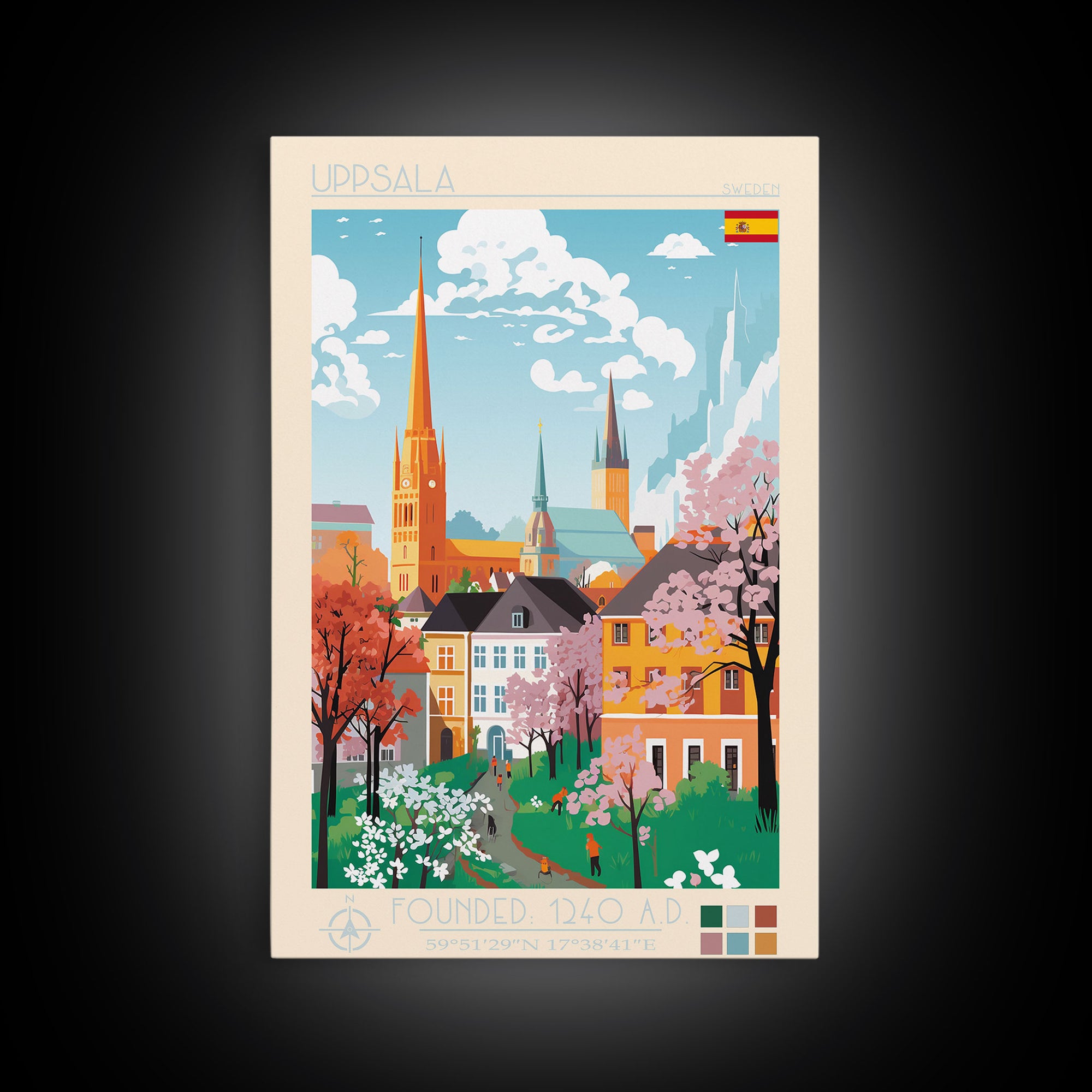 Uppsala Sweden Travel Poster Framed Canvas Print, Midcentury Modern Art, Pop Art Wall Decor, Living Room Art, Home Decoration