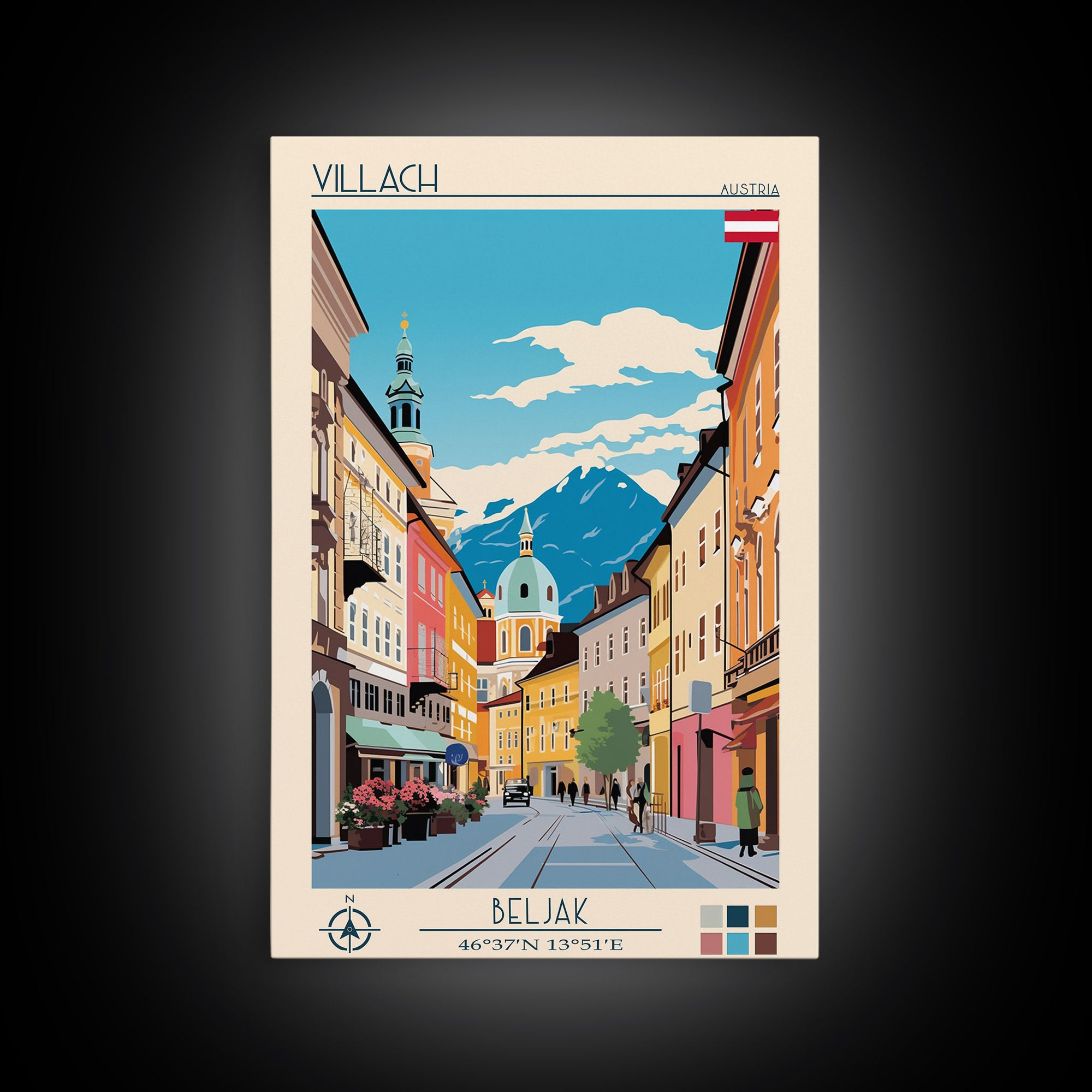 Villach Austria Travel Poster Framed Canvas Print, Midcentury Modern Art, Pop Art Wall Decor, Living Room Art, Scenic Wall Art