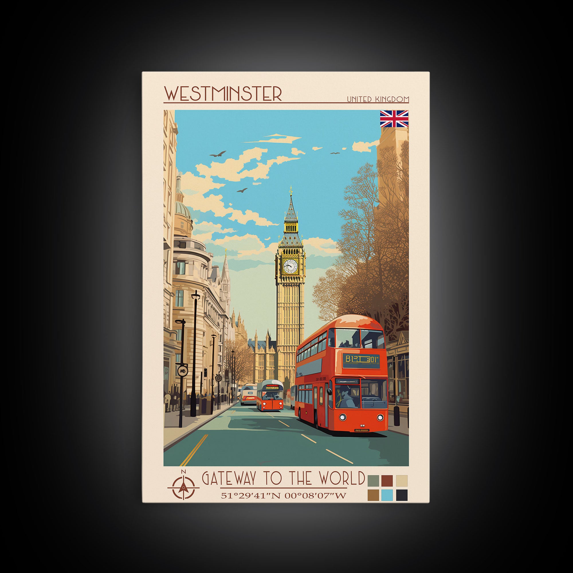 Westminster United Kingdom Travel Poster Framed Canvas Print, Midcentury Modern Art, Pop Art Wall Decor, Living Room Art, Home Decoration