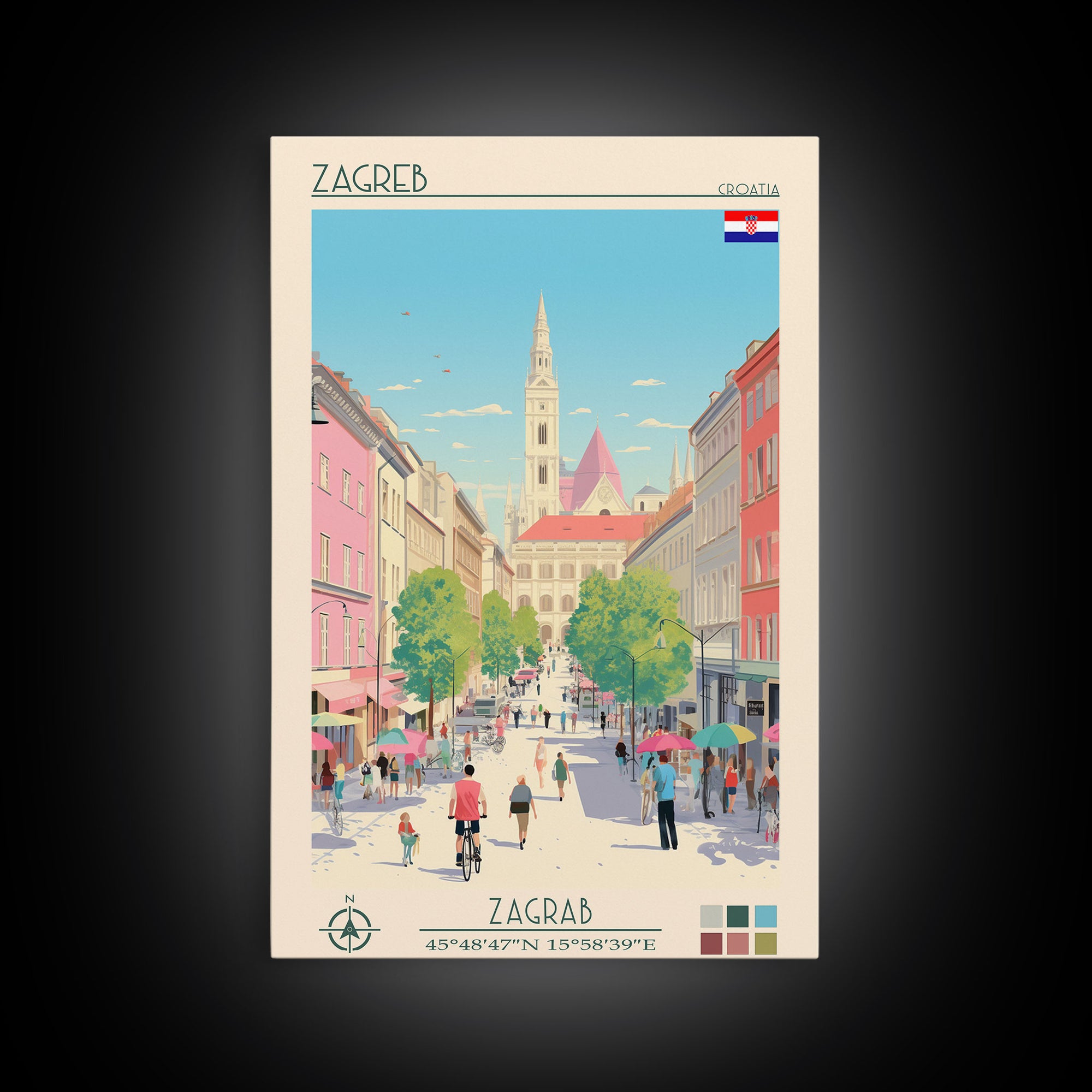 Zagreb Croatia Travel Poster Framed Canvas Print, Midcentury Modern Art, Pop Art Wall Decor, Living Room Art, Home Decoration