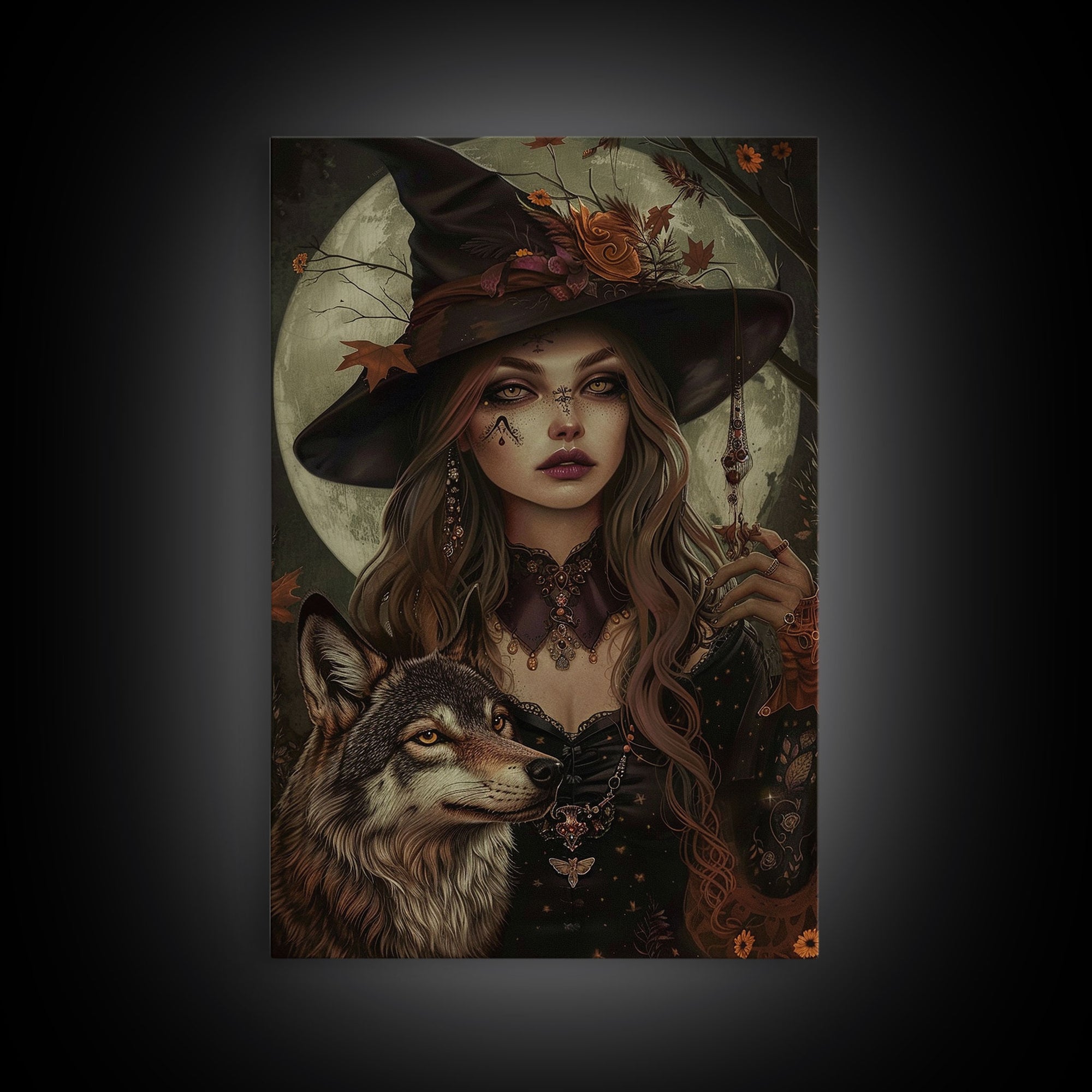 The Witch And The Wolf, Spooky Halloween Wall Art Framed Canvas Print, Spooky Season, Witch Painting, Halloween Decor and Art, Seasonal