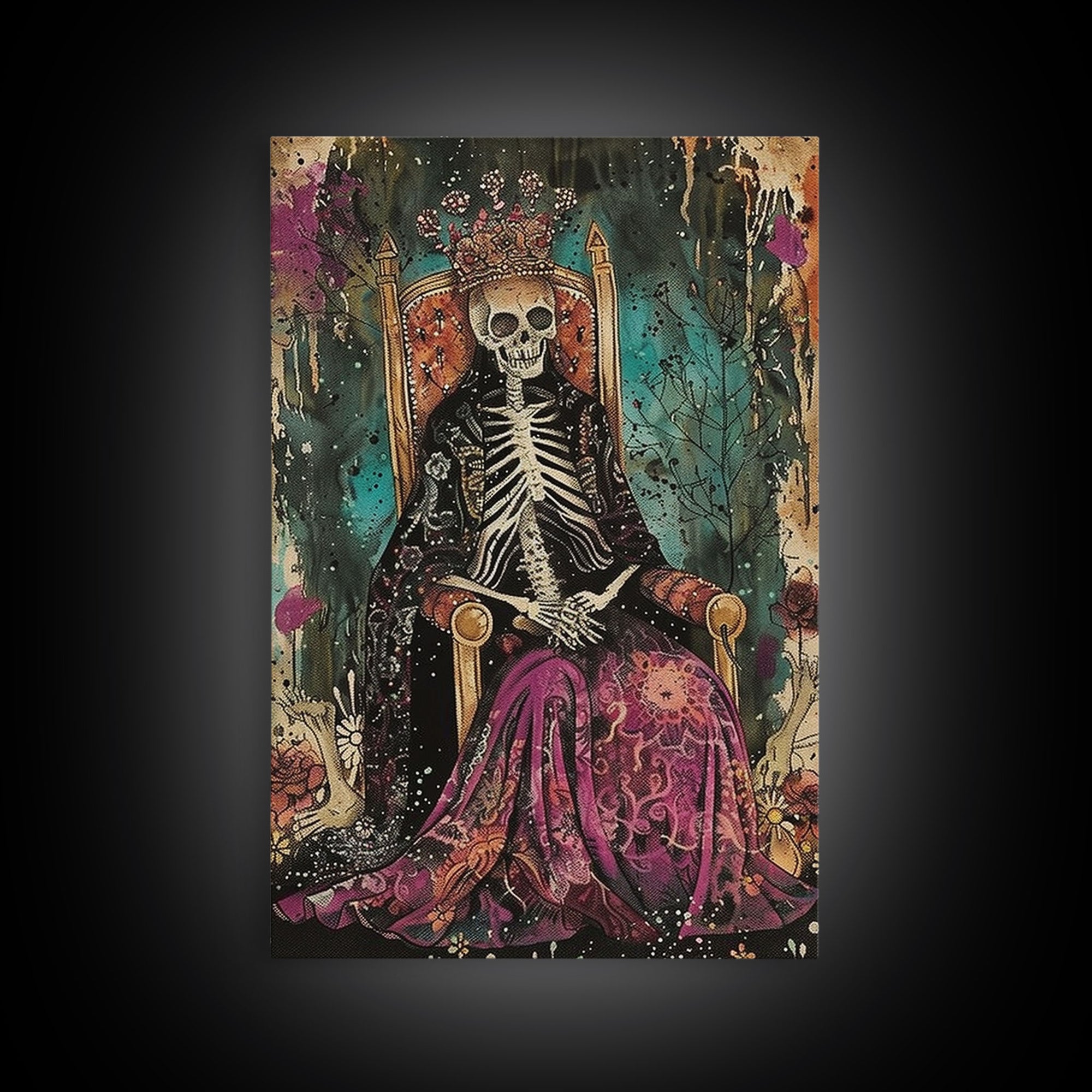 Skeleton King in Regal Throne Framed Canvas Print, Royalty Decor, Halloween Skeleton Art, Haunted Mansion Wall Art, Gothic Skeleton Print