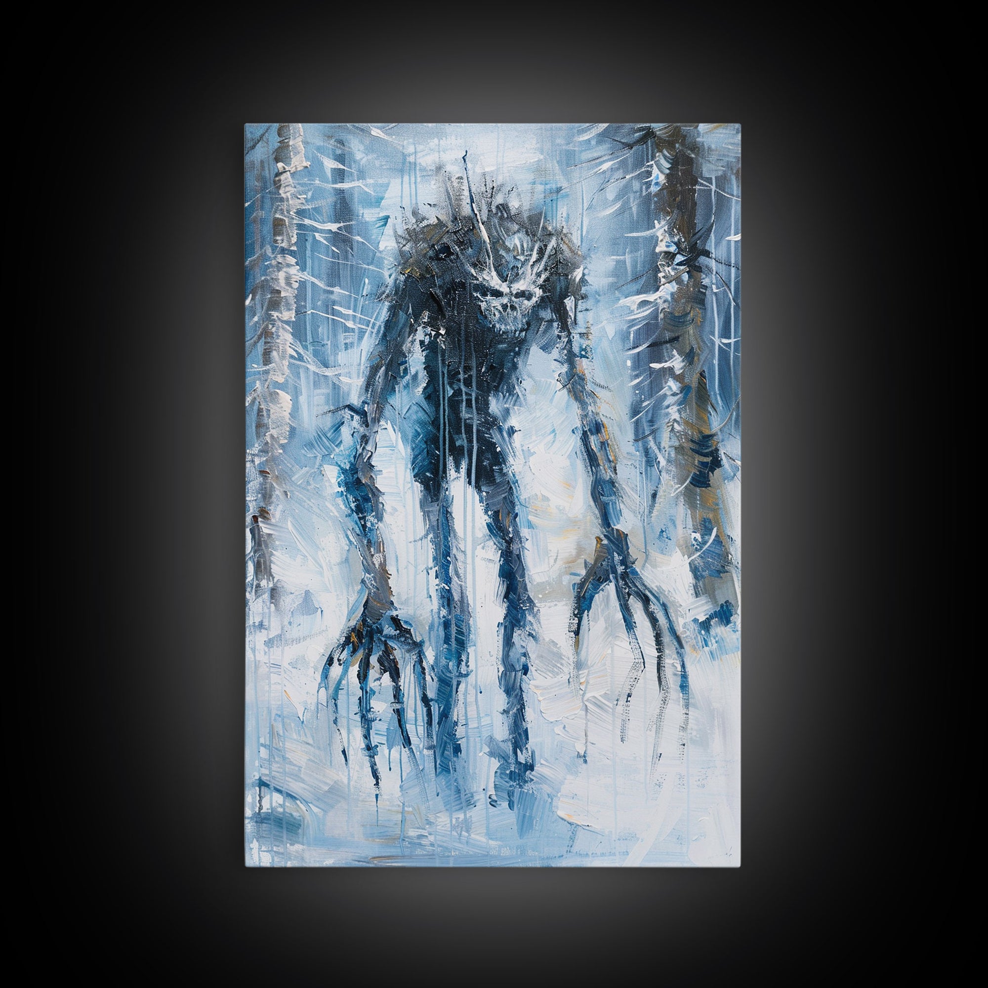 Wendigo in Winter Woods Framed Canvas Print, Eerie Winter Monster Decor, Halloween Creature Art Haunted Forest Wall Art Spooky Monster Print