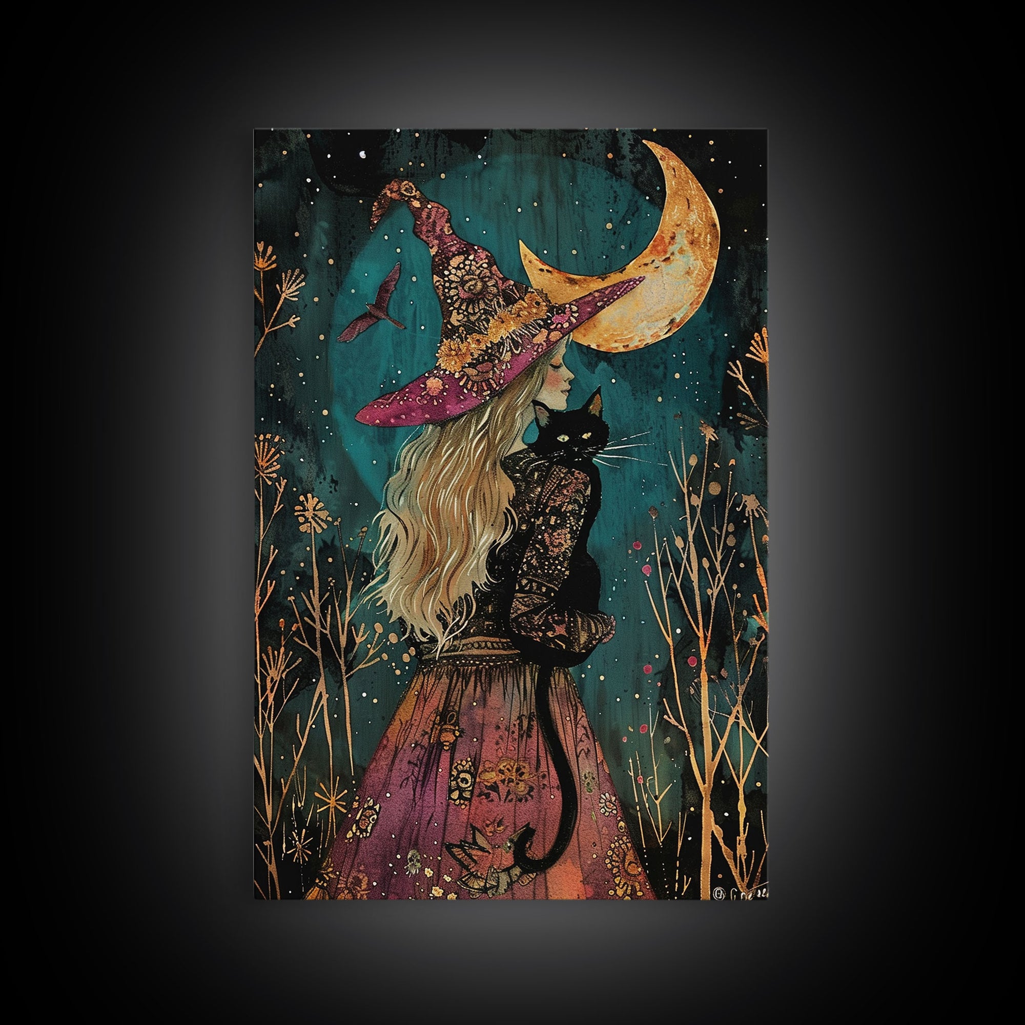 The Witch And The Black Cat Framed Canvas Print, Cottage Core Witchy Art, Halloween Trinket, Halloween Wall Art, Spooky Wall Art, Home Decor