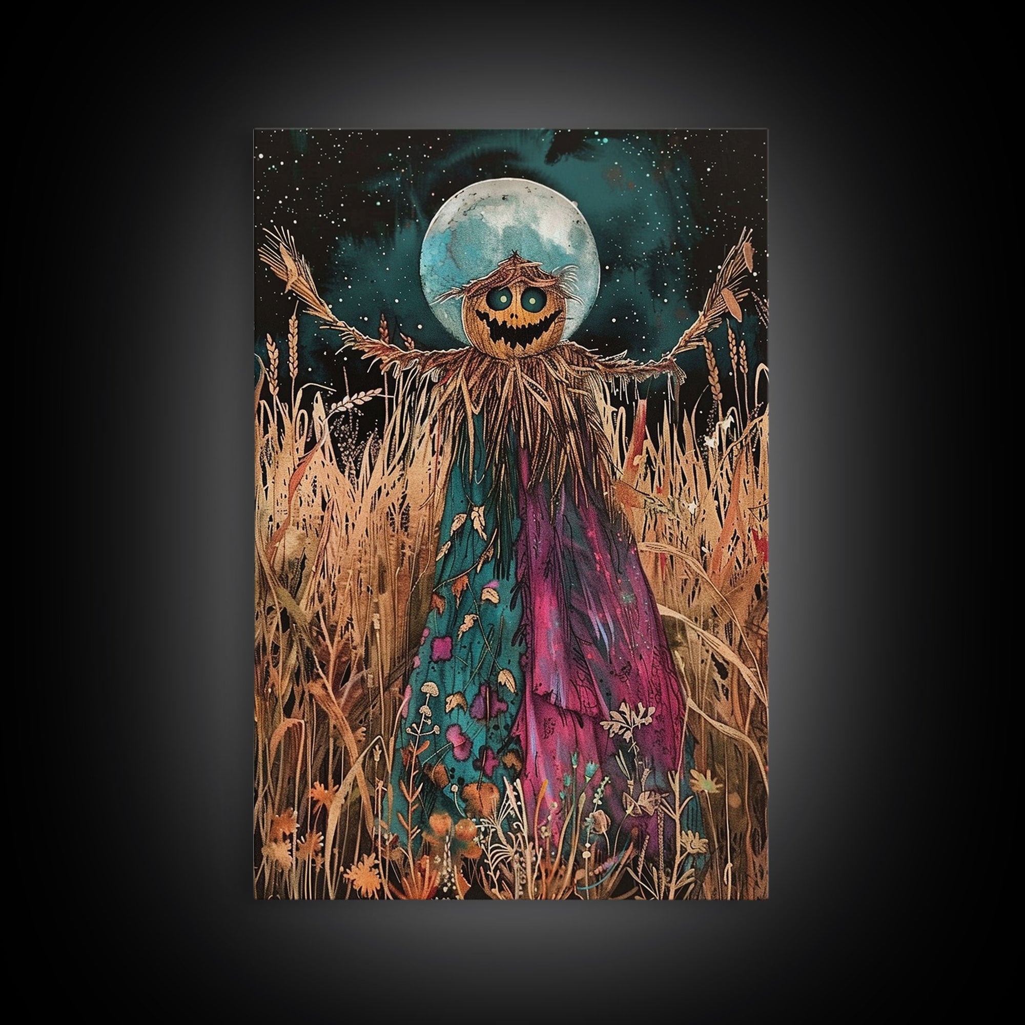 Spooky Scarecrow in Field Framed Canvas Print, Haunted Field Decor, Halloween Scarecrow Art, Eerie Harvest Wall Art, Creepy Scarecrow Print