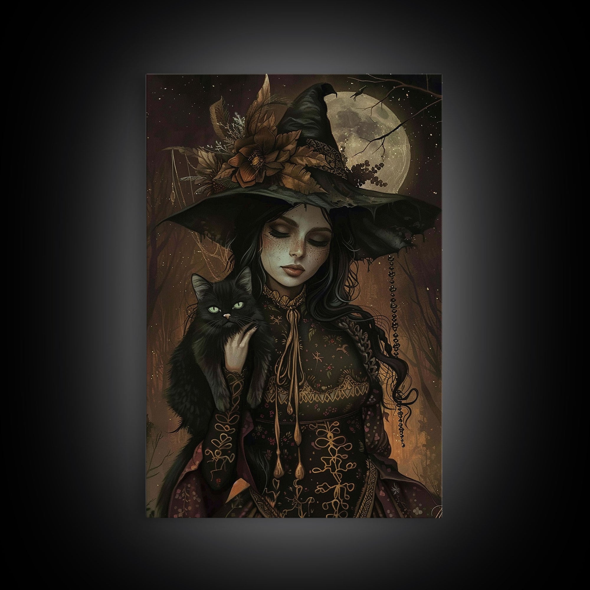 The Witch and The Black Cat Framed Canvas Art, Spooky Victorian Witch Art, Spooky Season, Halloween Props, Halloween Accessories Art