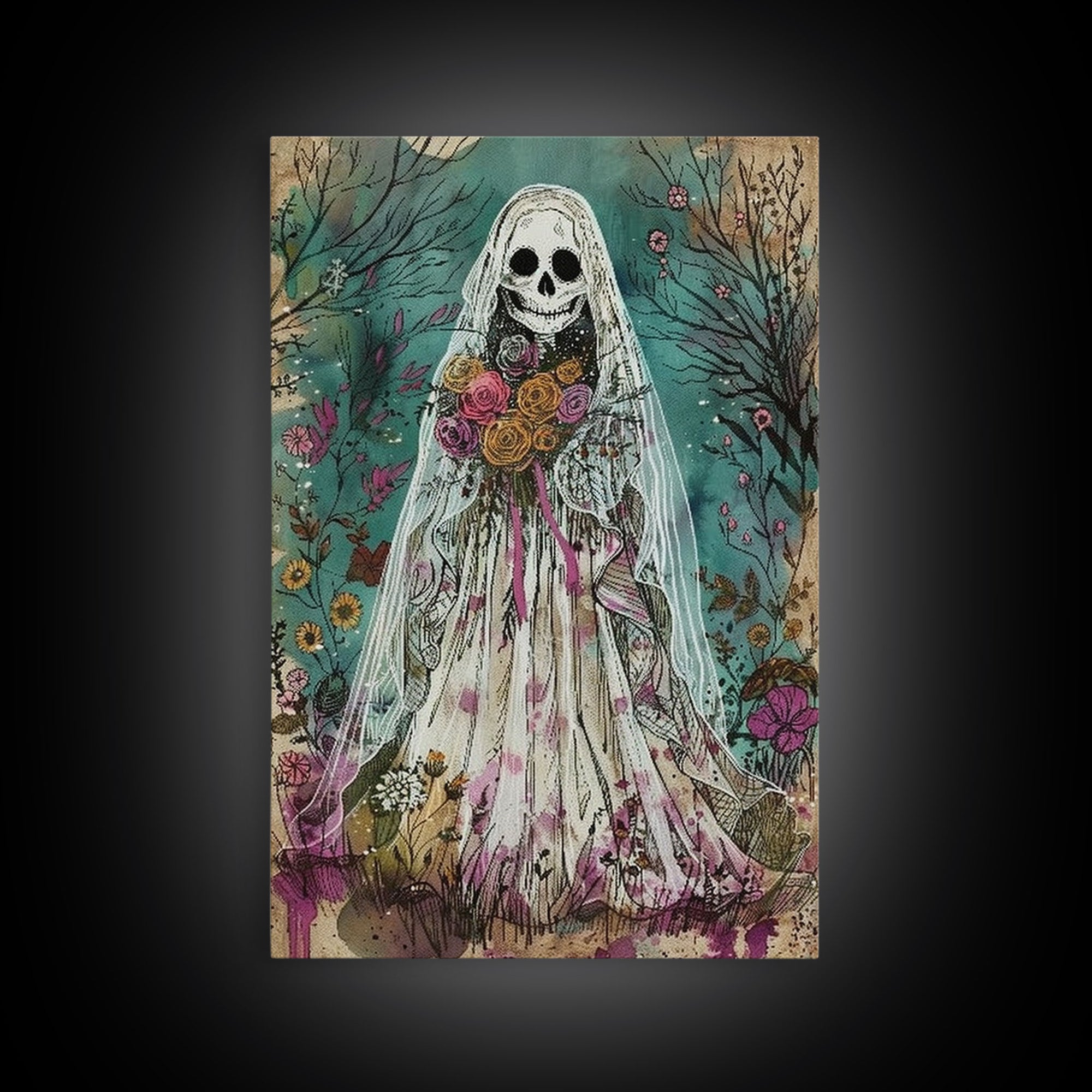 The Ghostly Bride, Cottage Core Ghost Decor, Cottagecore Halloween Art Framed Canvas Print, Unique Wall Art, Spooky Season Decor