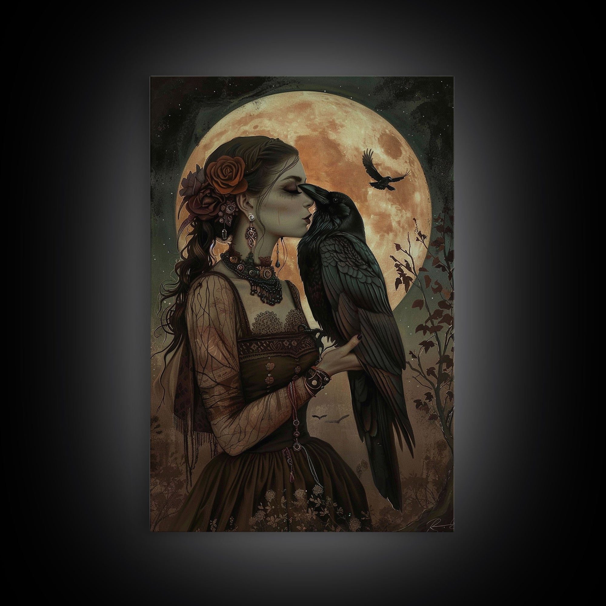 The Witch And The Raven, Framed Canvas Print, Raven Familiar, Victorian Witch Painting, Halloween Decor, Halloween Trinket, Spooky Wall Art