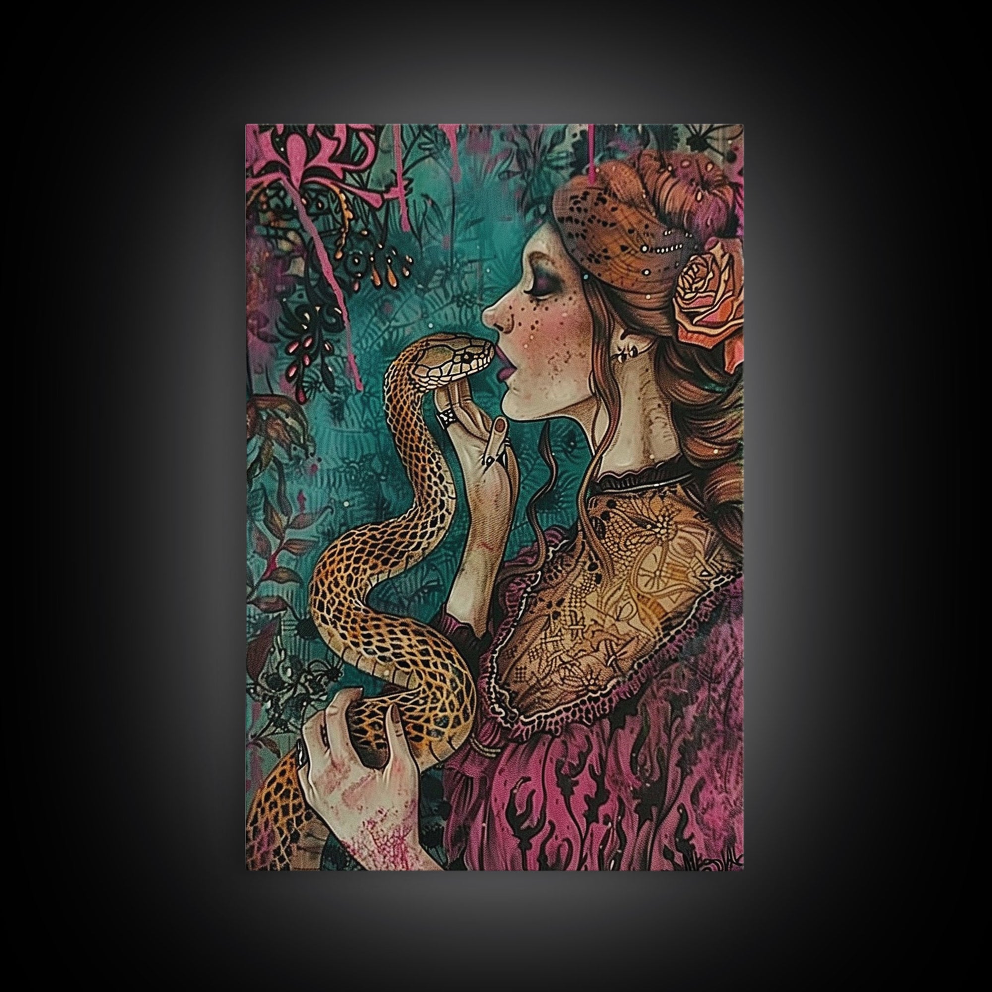 The Witch And The Snake, Framed Canvas Print, Halloween Decor, Halloween Art, Spooky Season, Halloween Gift Idea For Her, Witchy Art