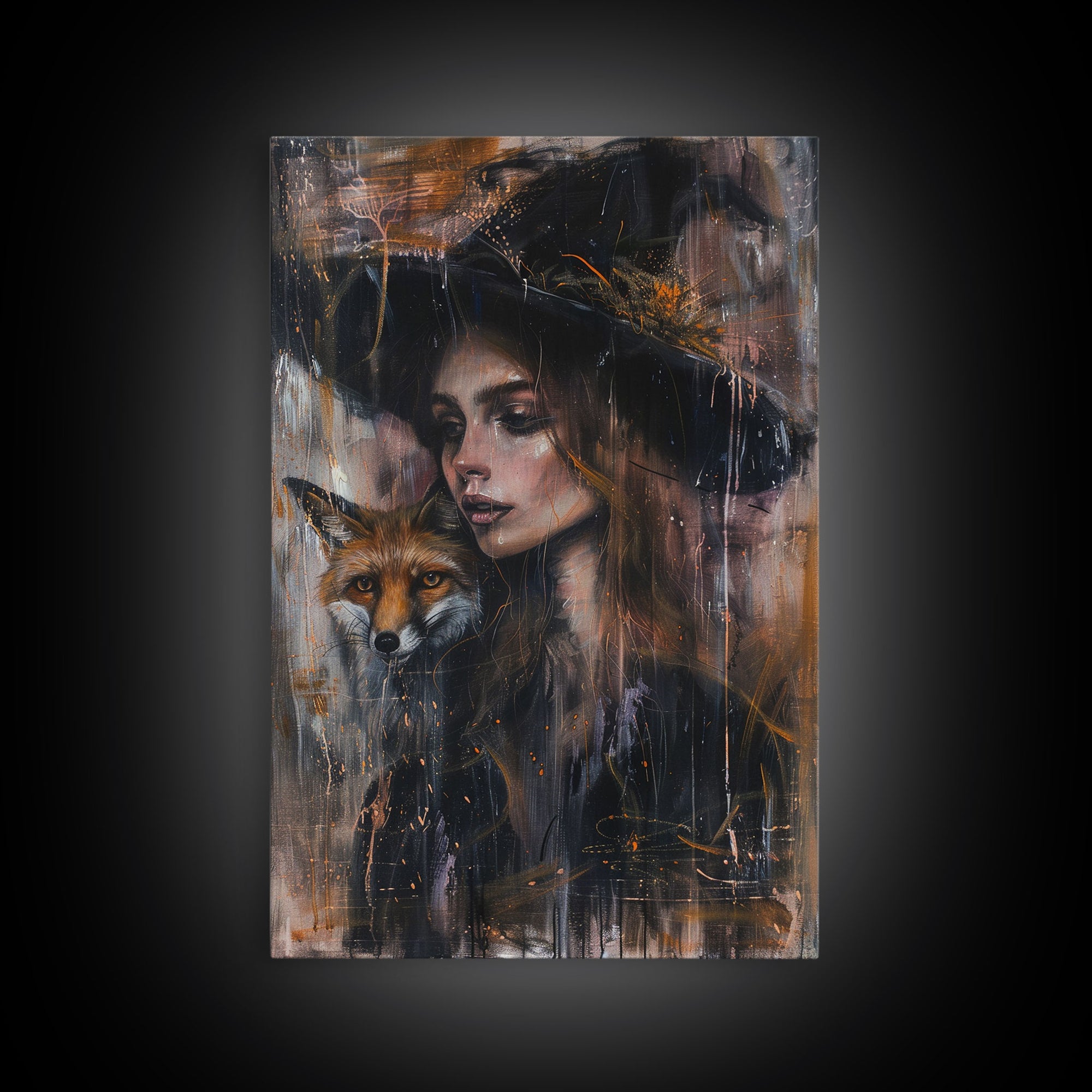 The Witch And Her Fox Familiar Framed Canvas Print | Halloween Unique Decor / Gift Idea | Witch Art | Witch Hat | Framed Canvas