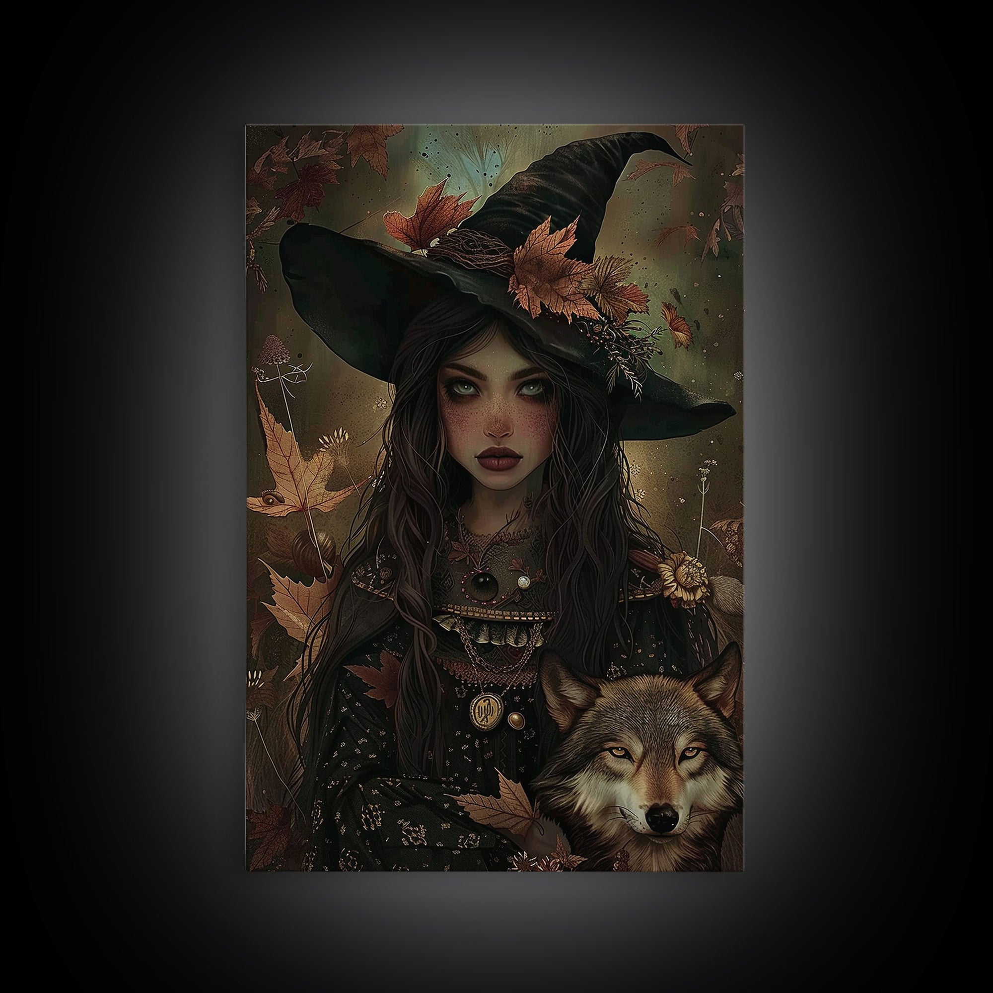 The Witch And The Wolf Framed Canvas Print, Spooky Halloween Wall Art, Halloween Prop, Halloween Products, Canvas Art, Home Decor