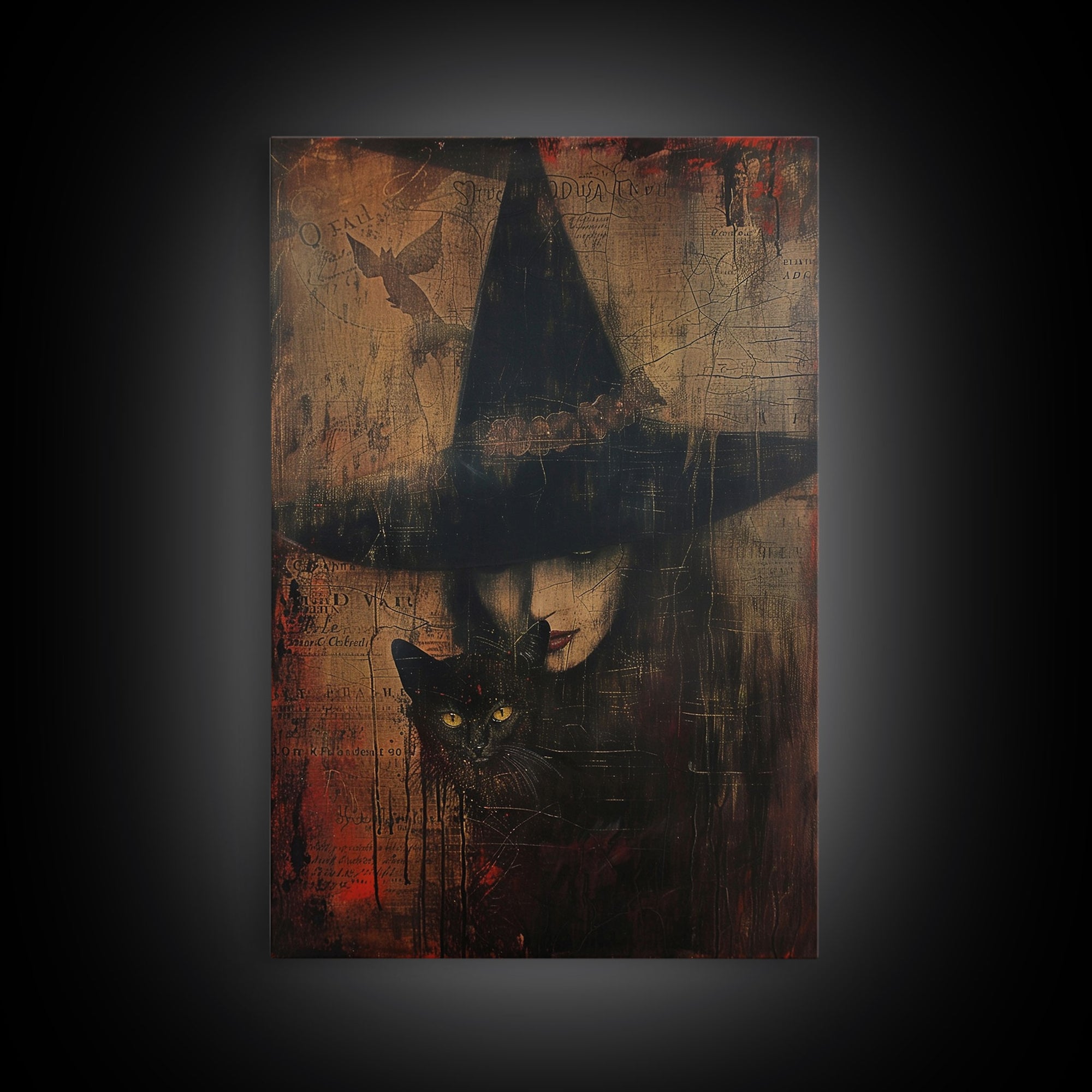 Witch And Black Cat Framed Canvas Print, Spooky Halloween Decor, Framed Canvas, Vintage and Distressedd Halloween Wall Art, Spooky Vibes