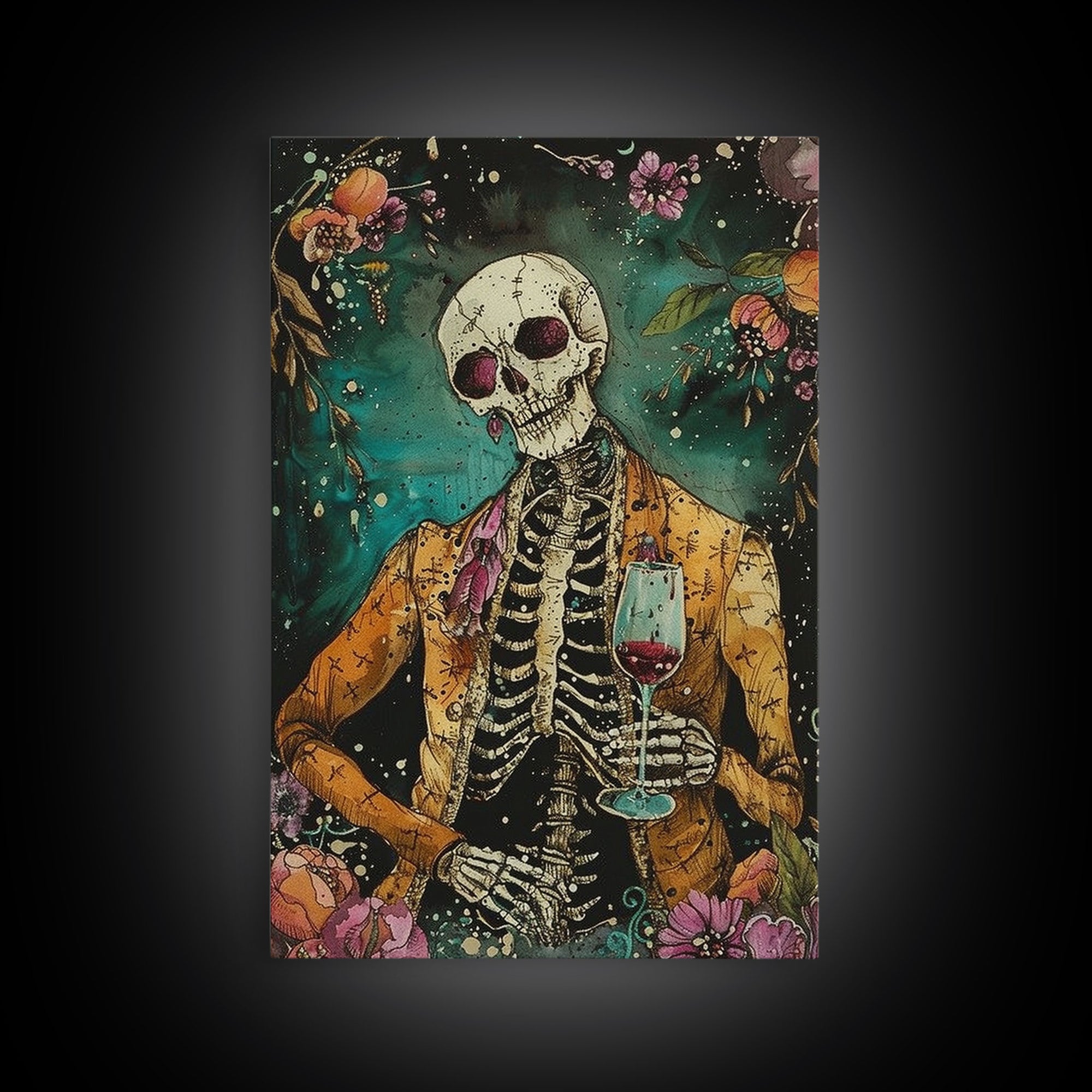 Skeleton Gentleman with Wine Glass Framed Canvas Print, Halloween Art, Creepy Wall Art, Spooky Home Decor, Scary Art, Unique Wall Decor