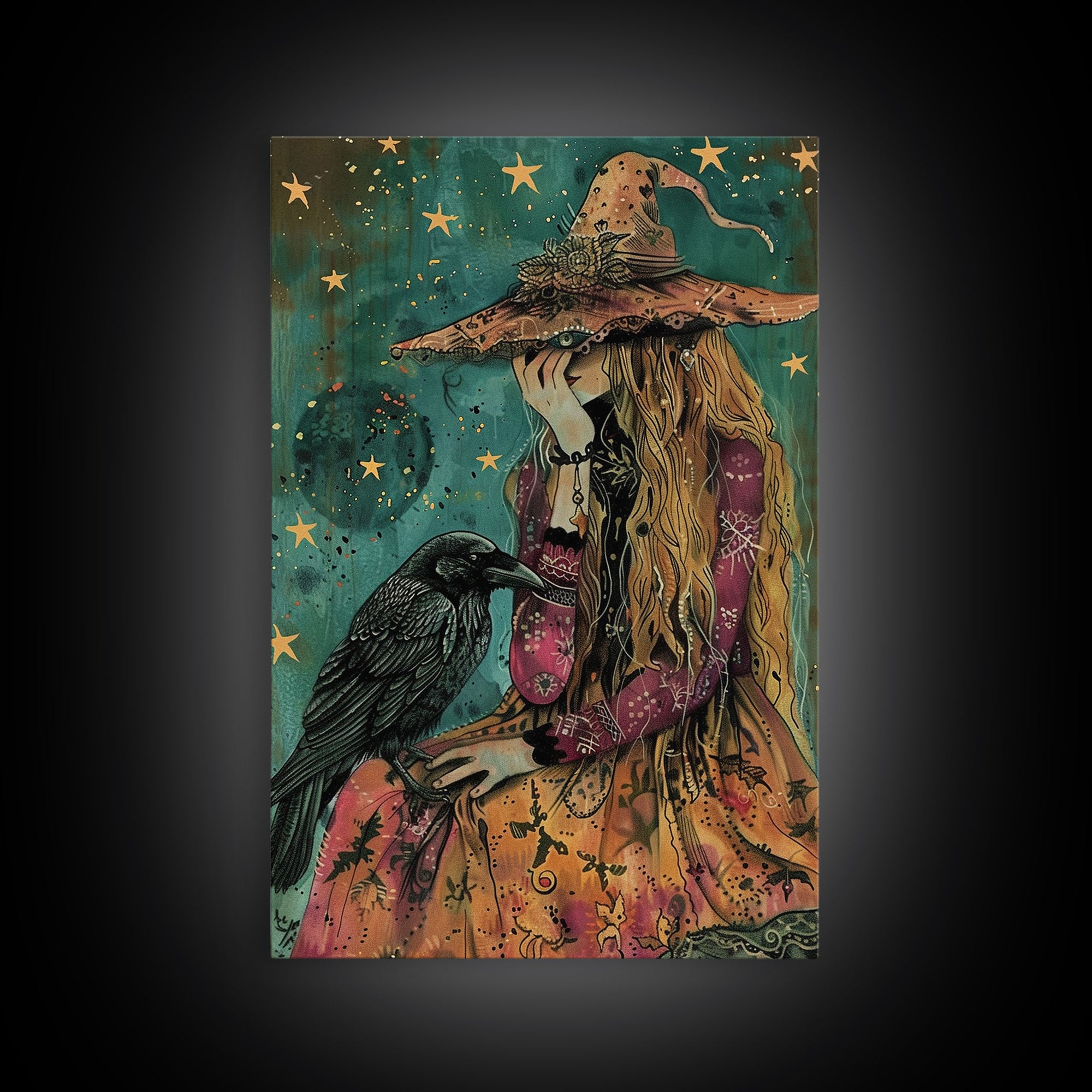 The Witch and her Sassy Raven Framed Canvas Print, Spooky Decor, Halloween Art, Halloween Props / Gift Idea, Spooky Decor, Home Decor