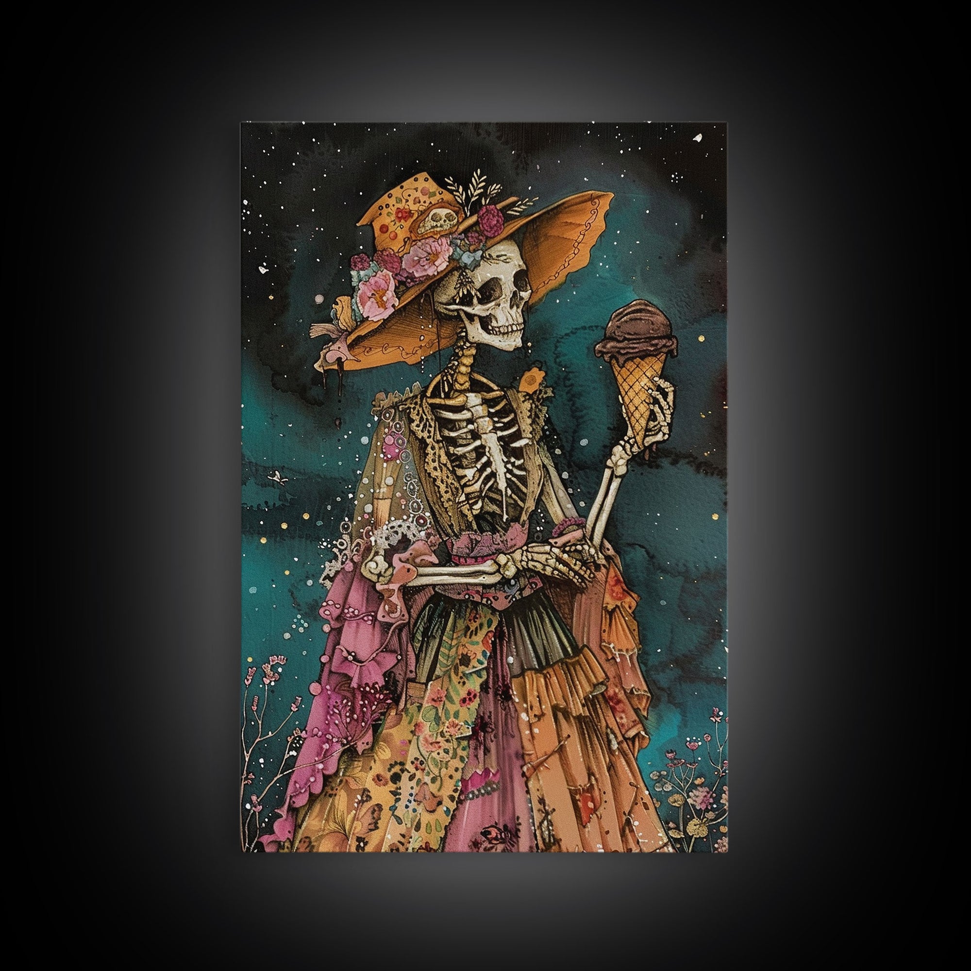 Skeleton in a Colorful Dress with Ice Cream - Day of the Dead Art - Halloween Skeleton Print Vibrant Skeleton Decor - Dia de los Muertos Art