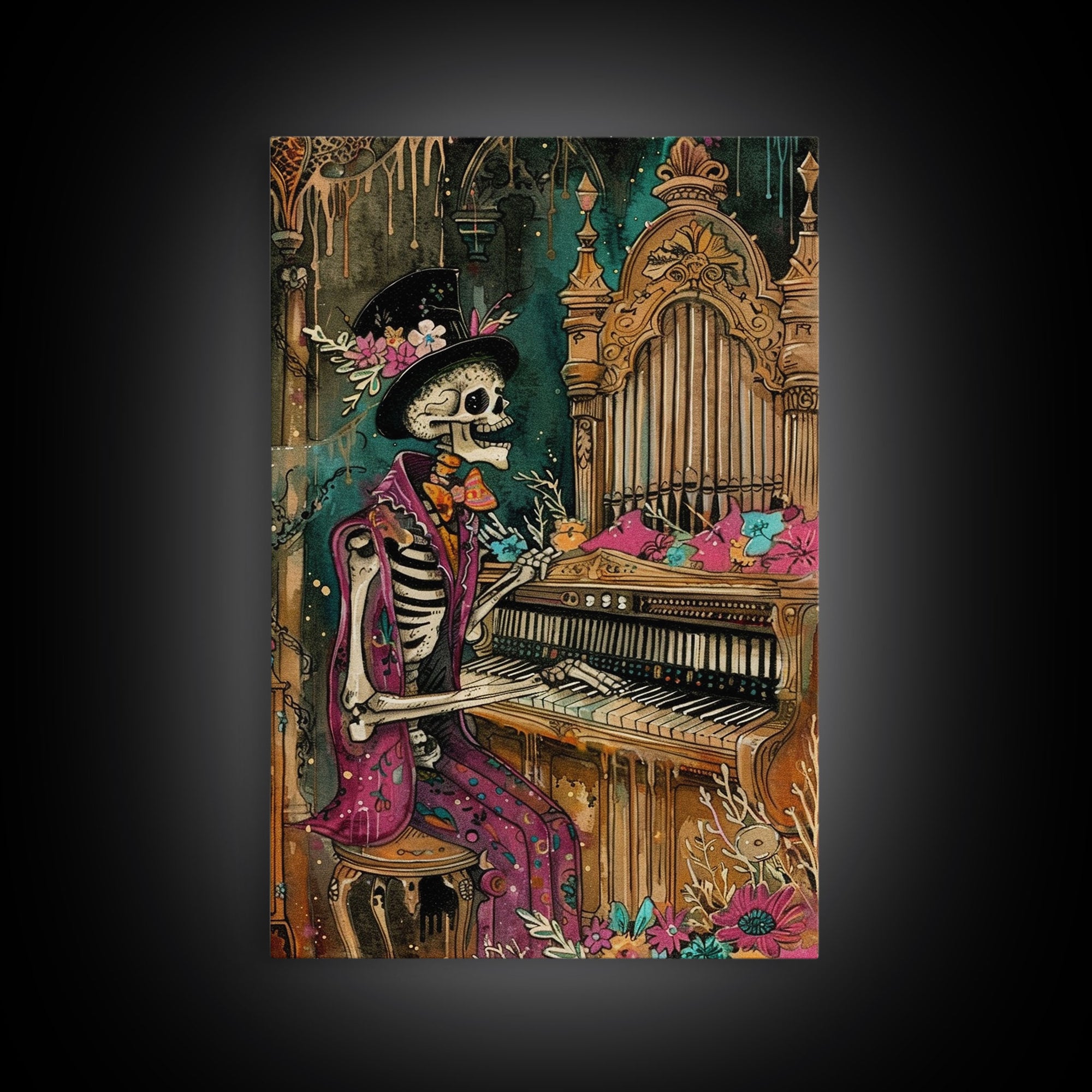 Skeleton Playing Organ in Gothic Church - Day of the Dead Skeleton Musician - Gothic Halloween Art - Skeleton Decor for Halloween