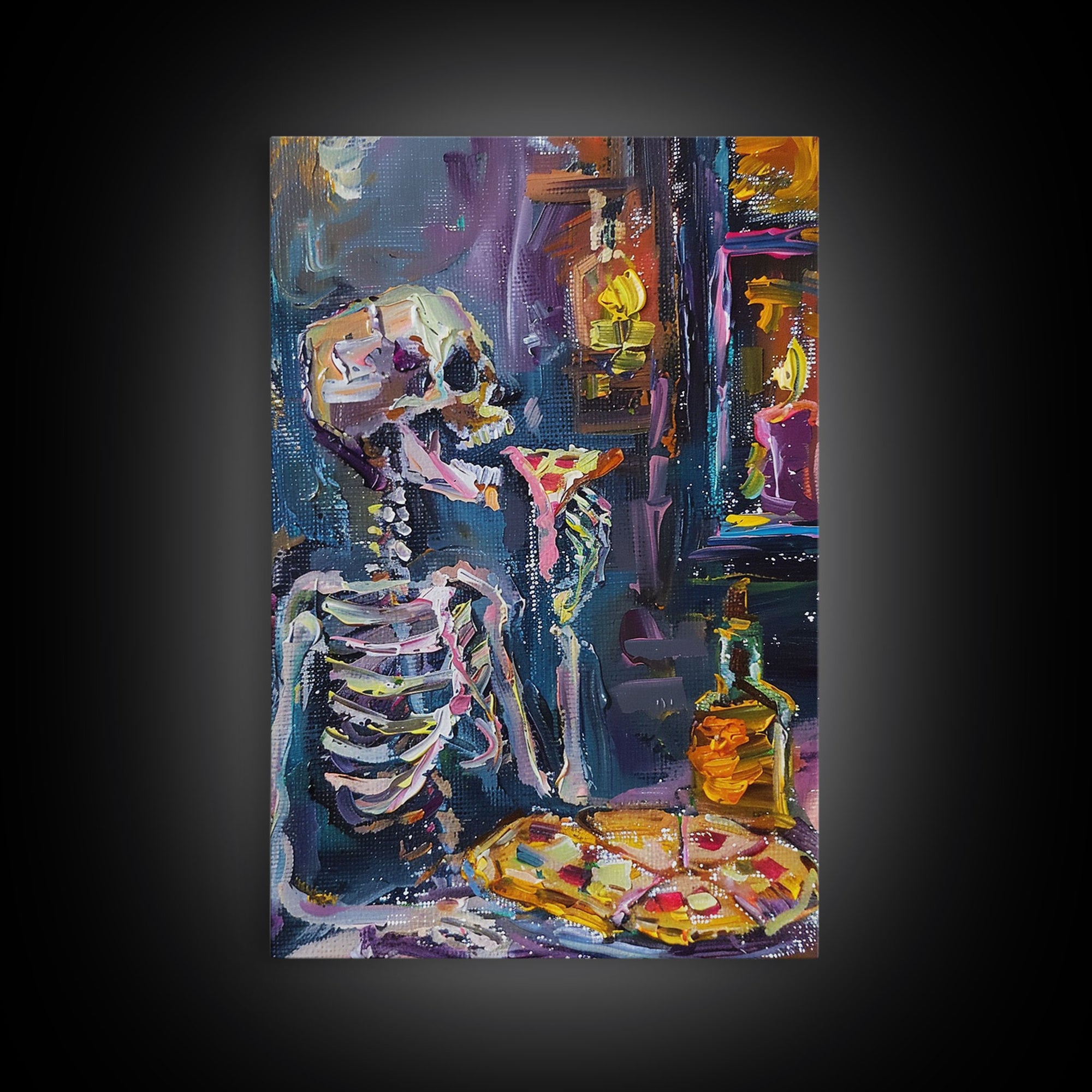 The Hungry Skeleton Chomps a Pizza, Funny Halloween Art, Framed Canvas, Halloween Poster